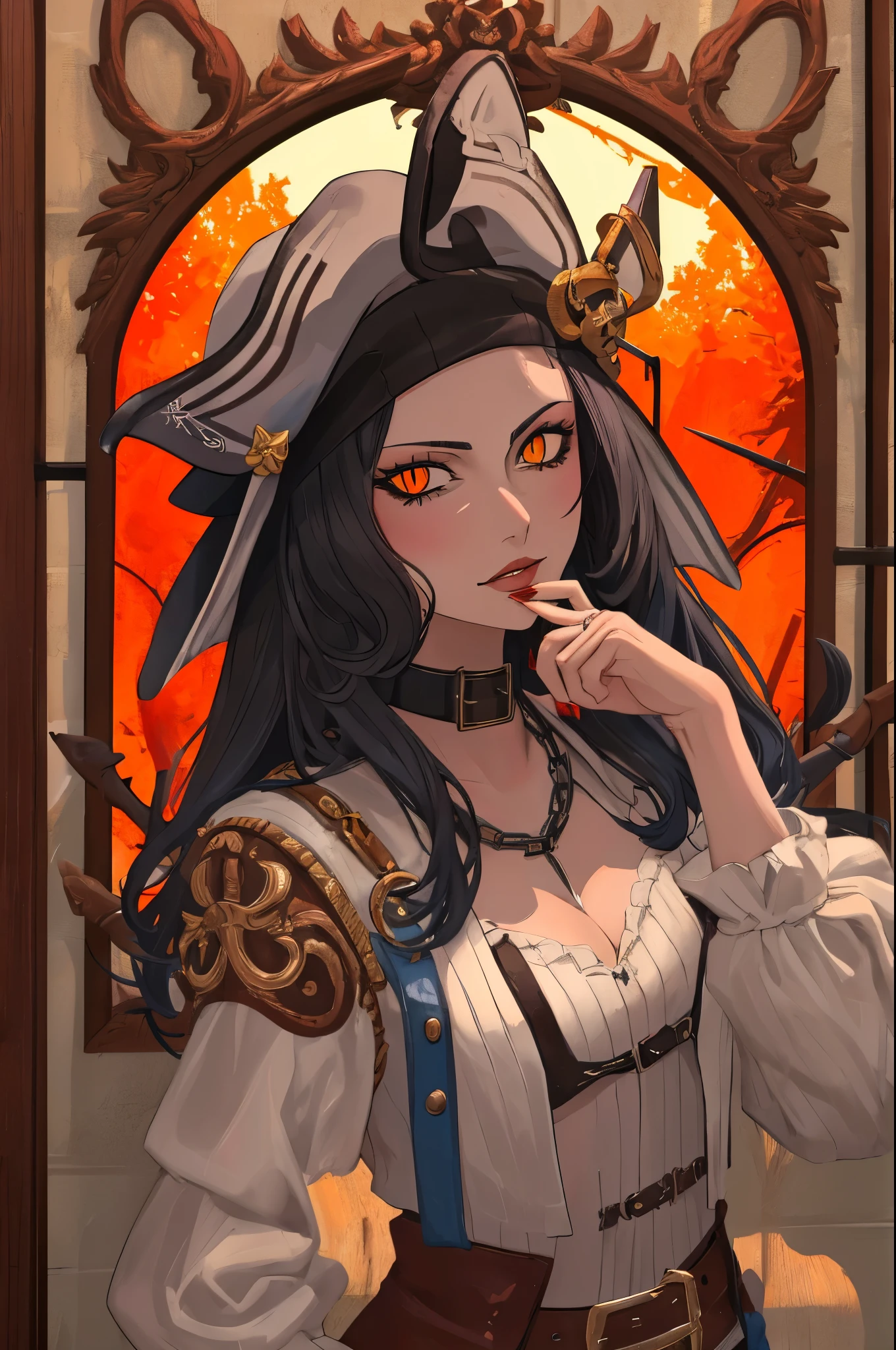 (8k, HD, best quality, intricate details, dark colors, masterpiece: 1.2) (suave woman: 1.5) a painting of a sexy pirate woman with orange snake eyes sitting in a bar holding a pistol, portrait of a pirate, pirate hat, an evil pirate grinning, fantasy pirate, animal eyes, snake eyes pirate, pirate, handsome woman, swashbuckler, privateer, black hair, bar background, wooden wall, liquor on shelves, seductive, staring at viewer, snake eyes, holding weapon