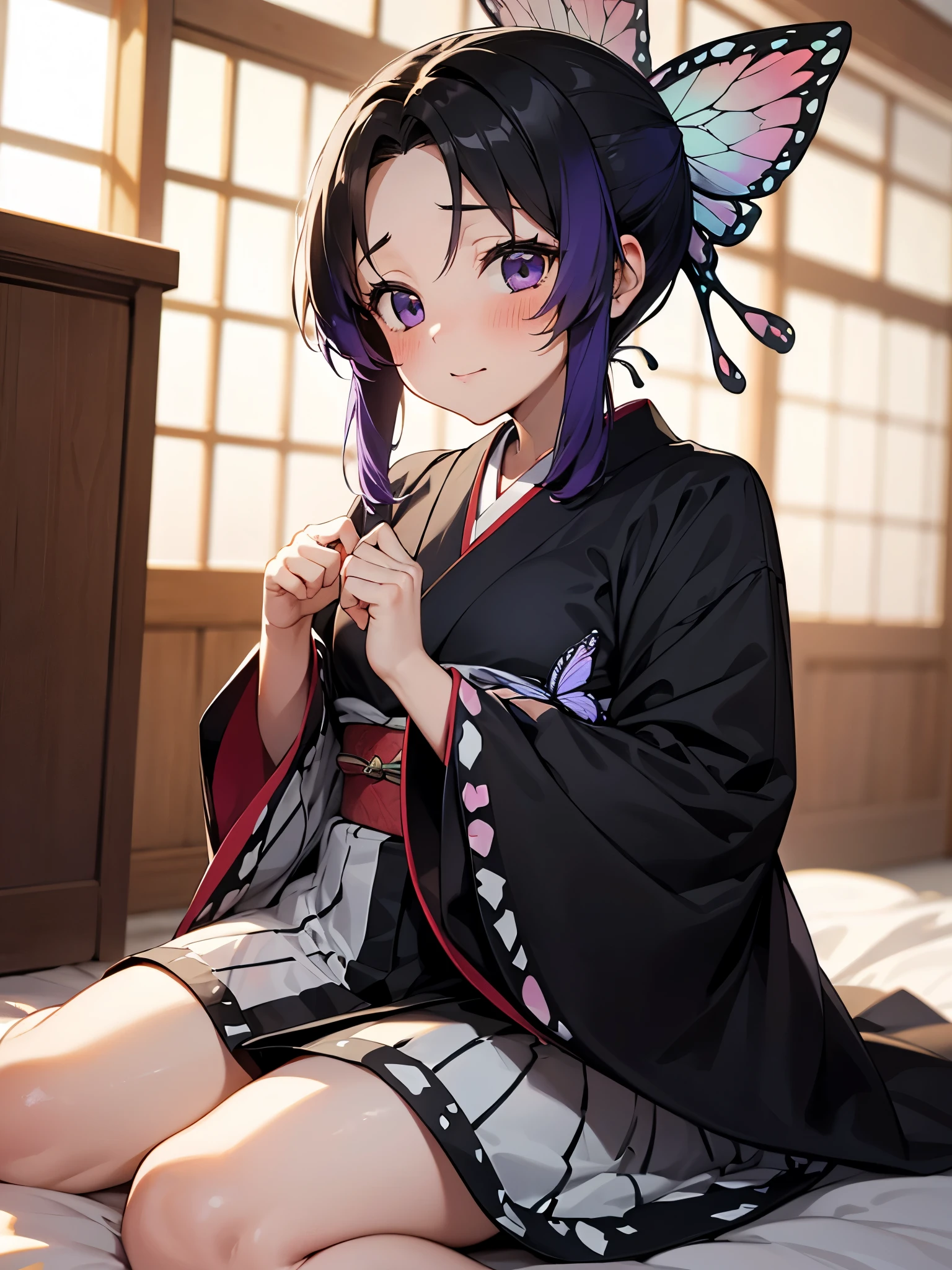 NSFW,1 girl,胡butterflyしのぶ、Animal print、Black Hair、butterfly、butterflyのhair ornaments、butterflyのプリント、amount、Gradient Hair、hair ornaments、Haori、Multi-colored hair、Parted bangs、Purple Hair、short hair、Two-tone hair、Oiran,High-quality Japanese clothing,(Perfect hands),(Perfect Anatomy),(masterpiece),(highest quality),Embarrassed,blush,Japanese-style room at night,futon