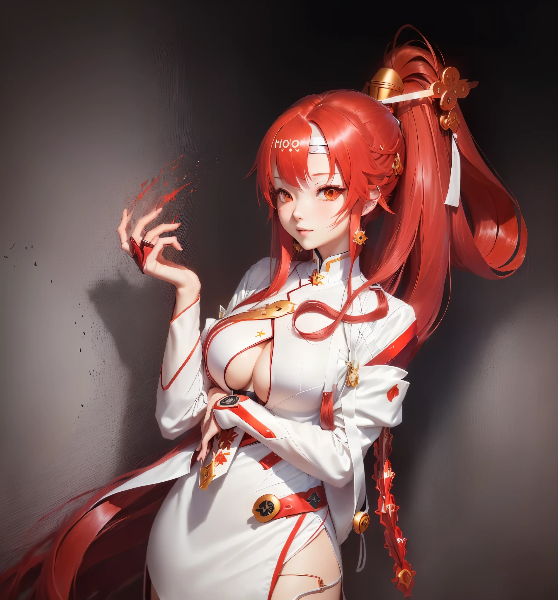 (((Red long hair))),Anime girl in white clothes, Rias Gremory, Ayaka Genshin Impact,Honching tide,((((Honching tide吟霖)))),kushatkrentz women in critical art, Official Character Art, Biomechanics OPPEIN, Ayaka Game Genshin Impact, From Arknights, From Girl Front, mischievous giggle, ( ( Character Concept Art ) ), April Rendering,