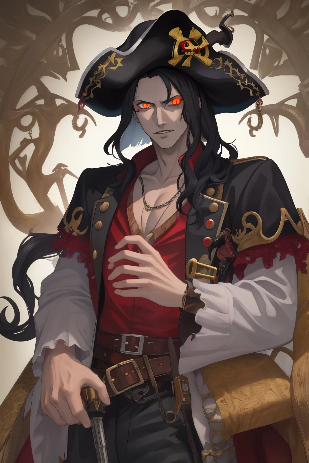 (8k, HD, best quality, intricate details, dark colors, masterpiece: 1.2) (suave man: 1.5) a painting of a handsome pirate man with snake eyes sitting in a bar holding a pistol, portrait of a pirate, pirate hat, an evil pirate grinning, fantasy pirate, animal eyes, snake eyes pirate, pirate, rugged man, swashbuckler, privateer, black hair, bar background, wooden wall, liquor on shelves, seductive, staring at viewer, (glowing eyes: 1.4), snake eyes, holding weapon