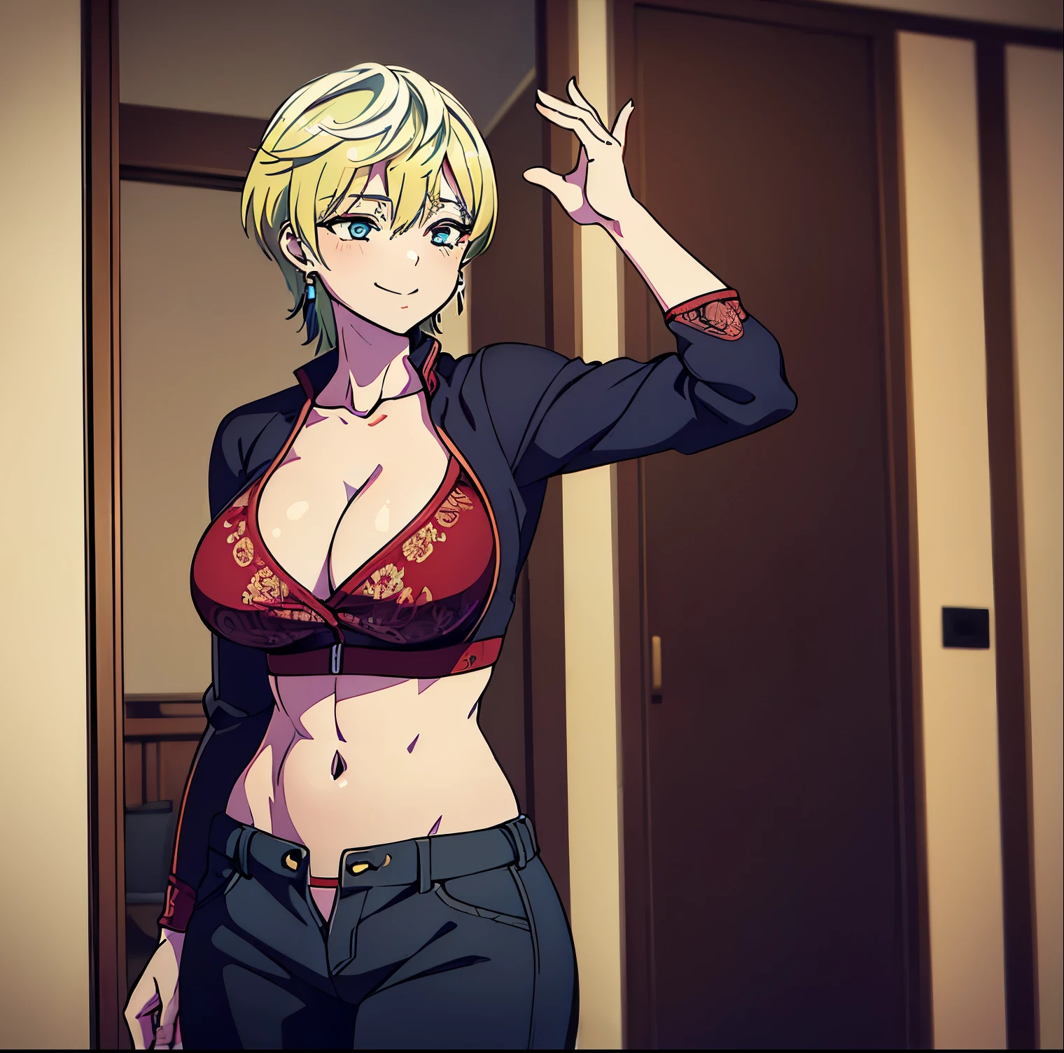 1 girl, alone, Tenka Izumo, short hair, aqua eyes, blonde hair, smile, jewelry, earrings, loose clothing, black sports bra, cleavage, open jacket, red jacket, sports pants, red pants, casual, indoors, against the wall, leaning, hands in pockets, toned, sweat, standing, outdoors, city, looking at viewer,from behind ,pov(from below),cowboy photo, (masterpiece: 1.2),sexy body, best quality, high resolution, (illustration: 0.8), (beautiful detailed eyes: 1.6), detailed, breasts large, medium waist, wide hips, round butt, perfect lighting, extremely detailed, (perfect hands, perfect anatomy),