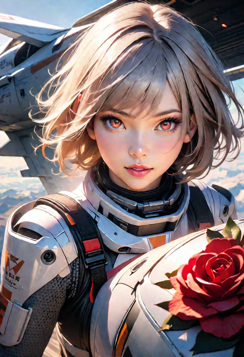 a girl in a white futuristic fighter jet, beautiful detailed eyes, beautiful detailed lips, extremely detailed eyes and face, long eyelashes, white short hair, white bodysuit, a pattern with a red rose motif is drawn on it, battle fairy yukikaze fighter like, camouflage with a red rose motif is painted on the aircraft, flying in the sky, (best quality,4k,8k,highres,masterpiece:1.2),ultra-detailed,(realistic,photorealistic,photo-realistic:1.37),HDR,UHD,studio lighting,ultra-fine painting,sharp focus,physically-based rendering,extreme detail description,professional,vivid colors,bokeh,sci-fi
