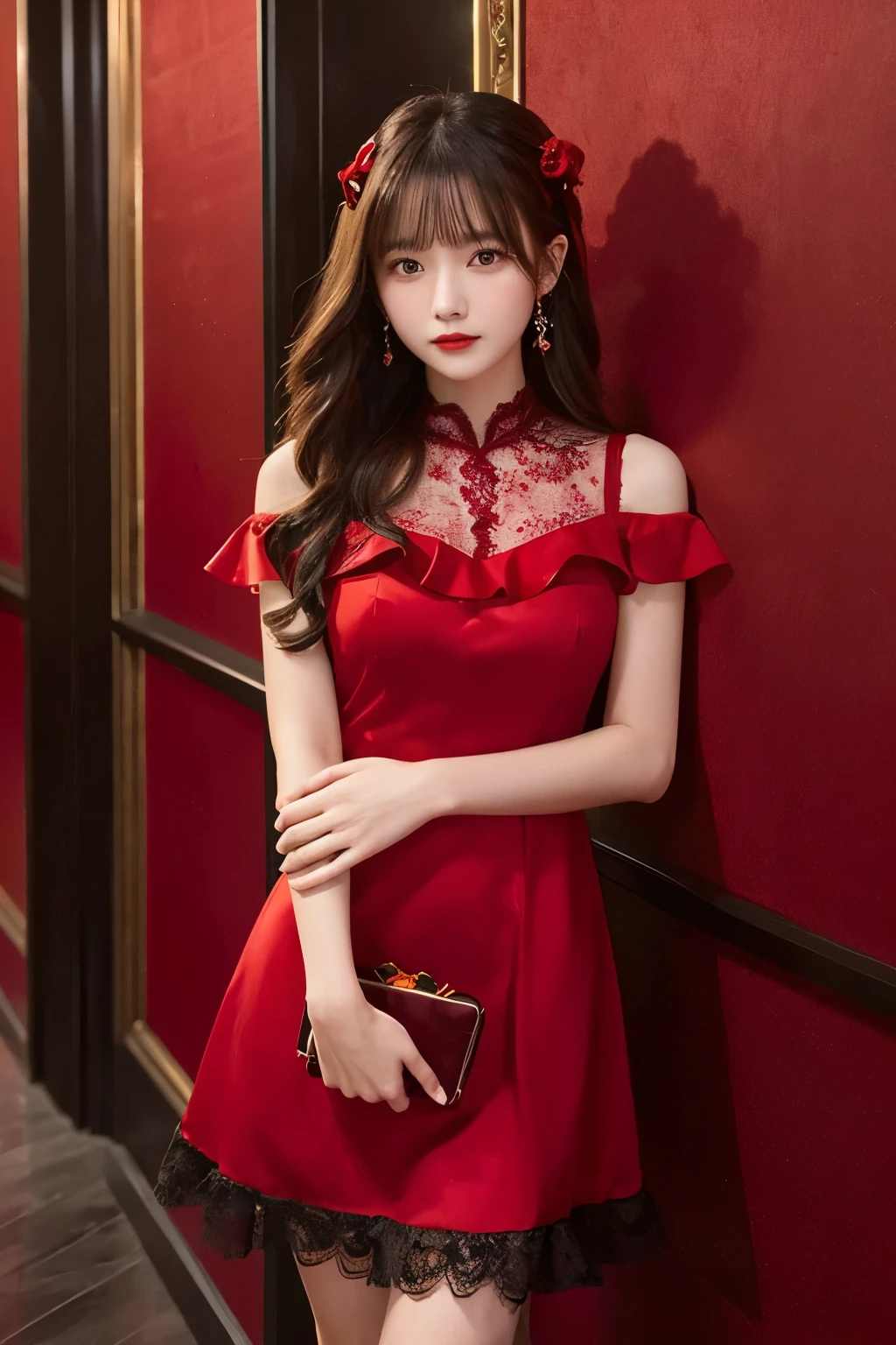 A young woman standing in front of a crimson background、She is wearing a gorgeous red dress。The dress is decorated with lace and frills.、The design exposes the shoulders.。The woman&#39;s long hair is softly wavy、Her head is adorned with a red flower hair accessory.。She has gorgeous gold earrings hanging from her ears.。

The woman&#39;s expression is full of confidence、The slightly sad eyes are characteristic.。The details of the dress are exquisite、The floral decoration on the chest is particularly eye-catching.。There are butterflies fluttering in the background.、It creates a fantastic and romantic atmosphere.。

as a whole、The beauty of women and the passionate color of red stand out.、Gives a dramatic and elegant look。
