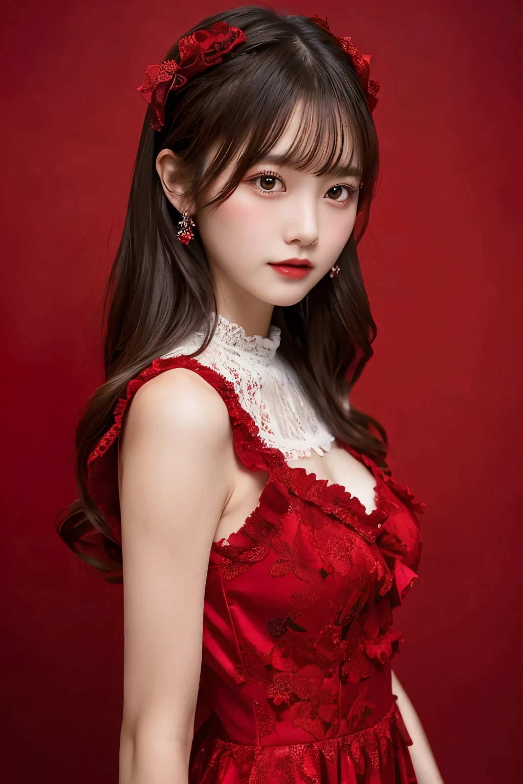 A young woman standing in front of a crimson background、She is wearing a gorgeous red dress。The dress is decorated with lace and frills.、The design exposes the shoulders.。The woman's long hair is softly wavy、Her head is adorned with a red flower hair accessory.。She has gorgeous gold earrings hanging from her ears.。
The woman's expression is full of confidence、The slightly sad eyes are characteristic.。The details of the dress are exquisite、The floral decoration on the chest is particularly eye-catching.。There are butterflies fluttering in the background.、It creates a fantastic and romantic atmosphere.。
as a whole、The beauty of women and the passionate color of red stand out.、Gives a dramatic and elegant look。
