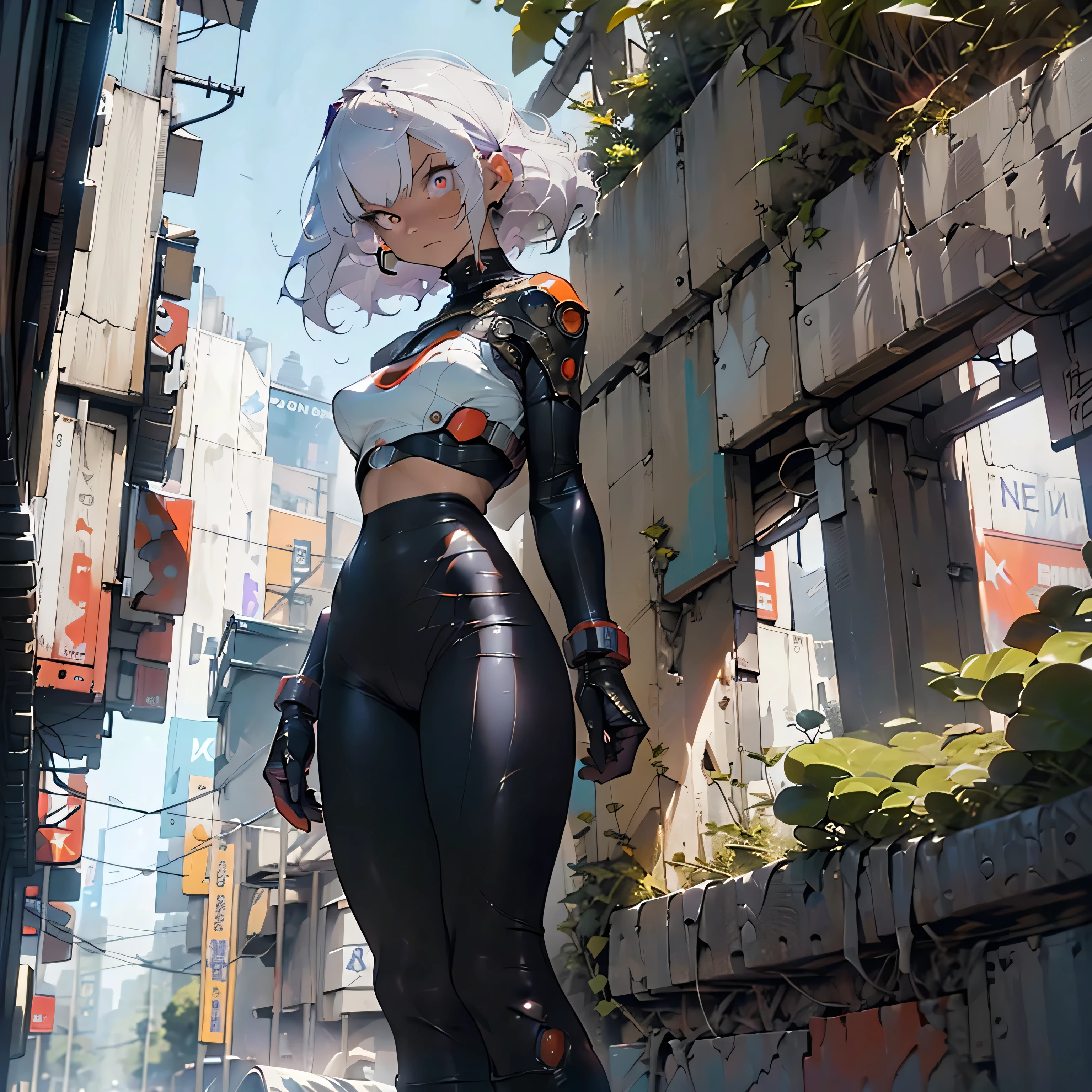 depict a surreal, miraculous, otherwordly, marvelous, transforming, cybernetic, futuristic, ((living, sentient, cyberpunk city)), on an alien moon, designed by M.C. Escher and Salvador Dali, masterpiece, best quality, maximum detail, 8k, UHD photograph, golden hour, Monte Carlo Ray Tracing, taken with a Sony a7R V mirrorless camera wide angle lens f/1.8, birds-eye view, and the 40-year-old stunningly beautiful woman attempting to navigate through the evershifting city's streets that she finds herself in. (She is 5ft. 6in. tall, she has firm, very large breasts, ((dazzling, fiery eyes the color of miniature suns:1.2))), ((long, lustrous, purple to white gradient hair, a toned midriff)), ((slender thighs and slim flawless calves, with thick boots:1.3)), and ((a perfectly symmetrical face)), She is wearing a skin-tight futuristic, exoskeletal crop top, with mechanically enhanced arms, over a bikini style leather body suit. She is focused, and determined to make it out in one piece. ((Whole body shot, full shot)),((full body shot:1.3)).