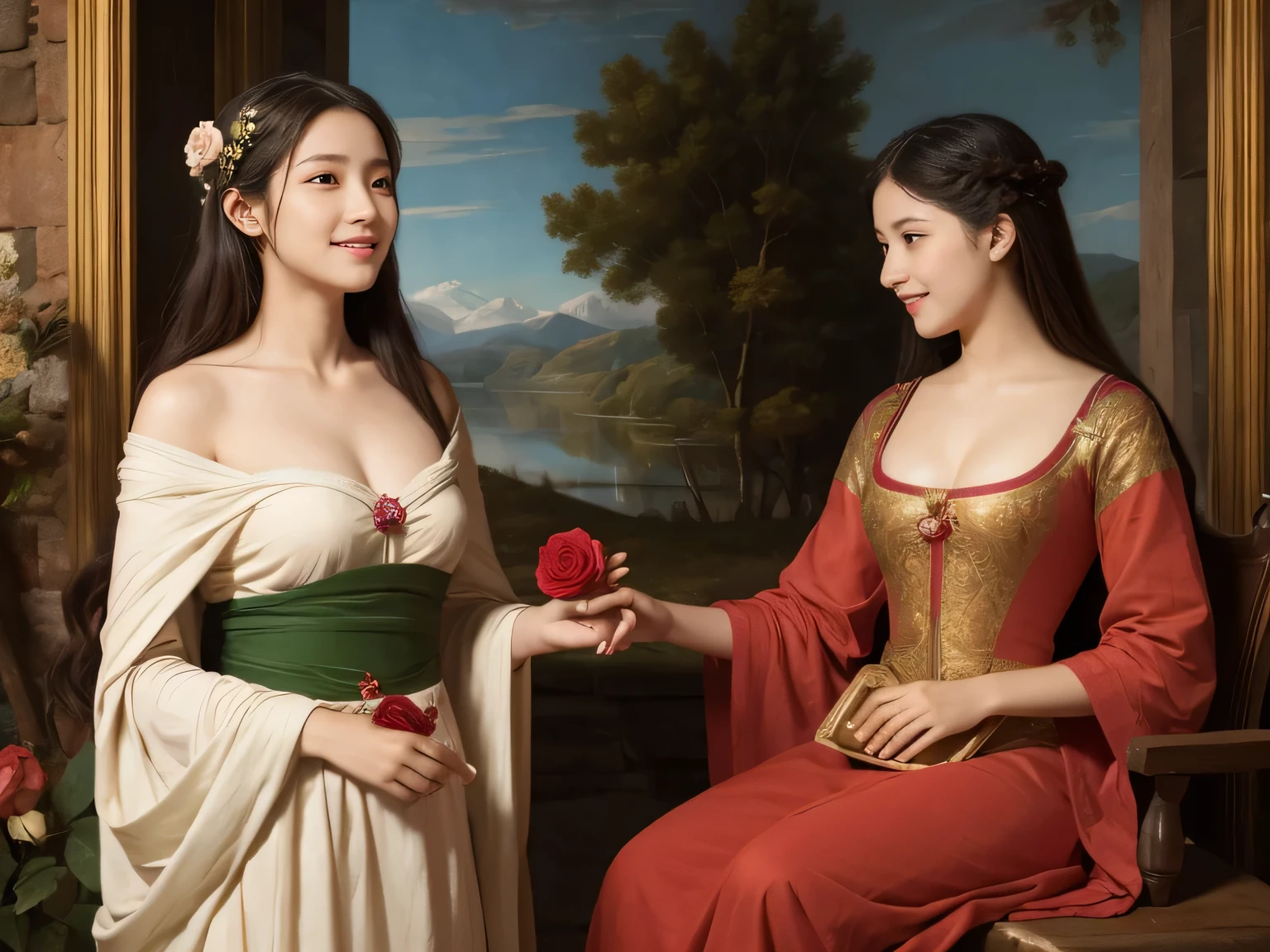 Giorgione painting style,Arguments of two female Philosophe,math、astronomical machine、astronaut、roses in vase、fruits、Cute trinkets、smile、ancient greek costume、Background is a forest lake at night 、Clothes that stretch your shoulders、A big smile、beautiful bare skin、A detailed representation of the seducing woman throughout her body.sexy,erotic smile