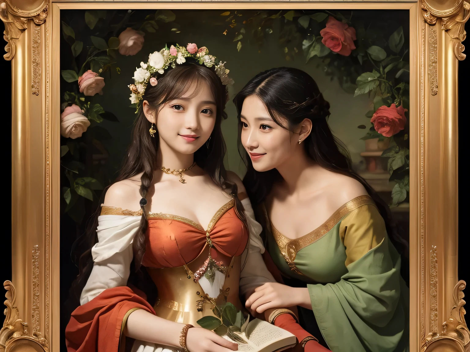 Giorgione painting style,Arguments of two female Philosophe,math、astronomical machine、astronaut、roses in vase、fruits、Cute trinkets、smile、ancient greek costume、Background is a forest lake at night 、Clothes that stretch your shoulders、A big smile、beautiful bare skin、A detailed representation of the seducing woman throughout her body.
