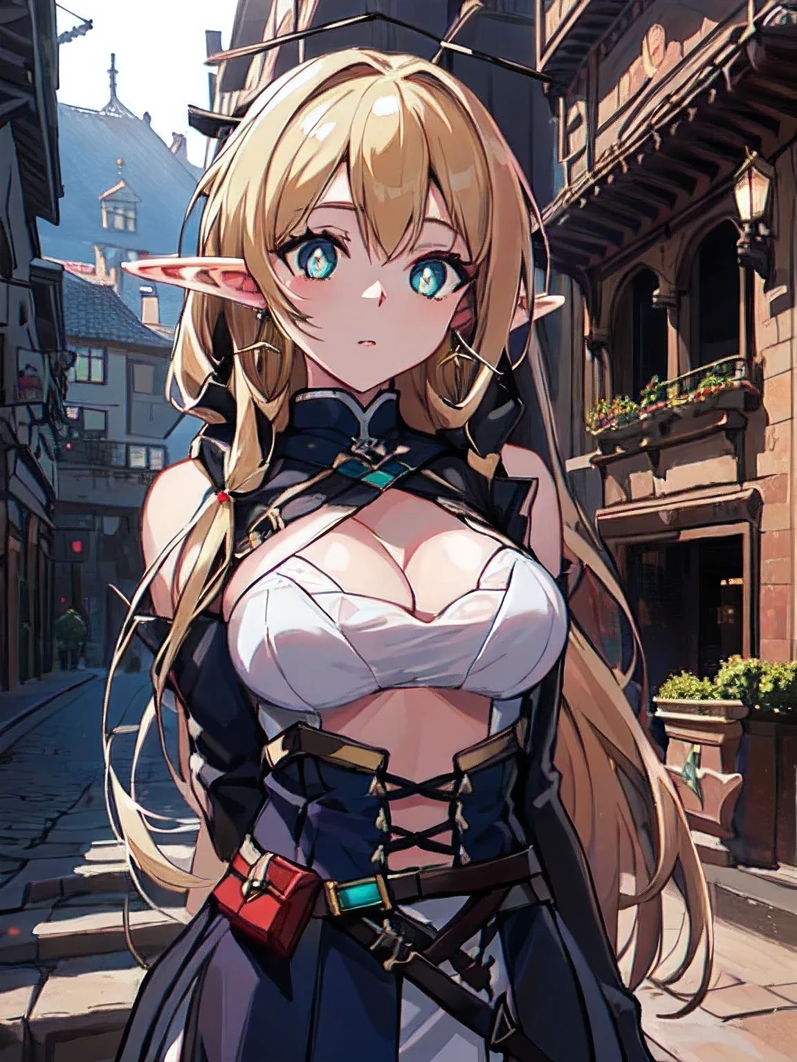 A woman with long hair and a sword on the street, elf girl, 2. 5D CGI anime fantasy artwork, female anime character, elf queen, elf portrait, from arknights, hot topics on artstation pixiv, charming elf princess knight, portrait of Elf Queen, detailed digital anime art, guweiz on pixiv artstation, low-cut top, plump breasts, 8K high quality, long red earrings with sapphires, beautiful eyes and pupils, long eyelashes