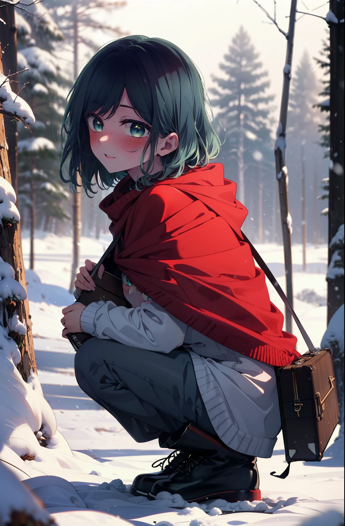 akanekurokawa, akane kurokawa, bangs, (Green Eyes:1.3), Blue Hair, Medium Hair, dark Blue Hair,smile,blush,White Breath,
Open your mouth,snow,Ground bonfire, Outdoor, boots, snowing, From the side, wood, suitcase, Cape, Blurred, , forest, White handbag, nature,  Squat, Mouth closed, Cape, winter, Written boundary depth, Black shoes, red Cape break looking at viewer, Upper Body, whole body, break Outdoor, forest, nature, break (masterpiece:1.2), highest quality, High resolution, unity 8k wallpaper, (shape:0.8), (Beautiful and beautiful eyes:1.6), Highly detailed face, Perfect lighting, Extremely detailed CG, (Perfect hands, Perfect Anatomy),