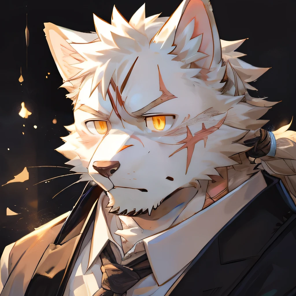 masterpiece,high quality,perfect anatomy,furry,anthro cat,white fur,male, niji5,yellow pupils,bright eyes,exhausted,tie braid,scar on the face,detailed face,by kiyosan,close up face