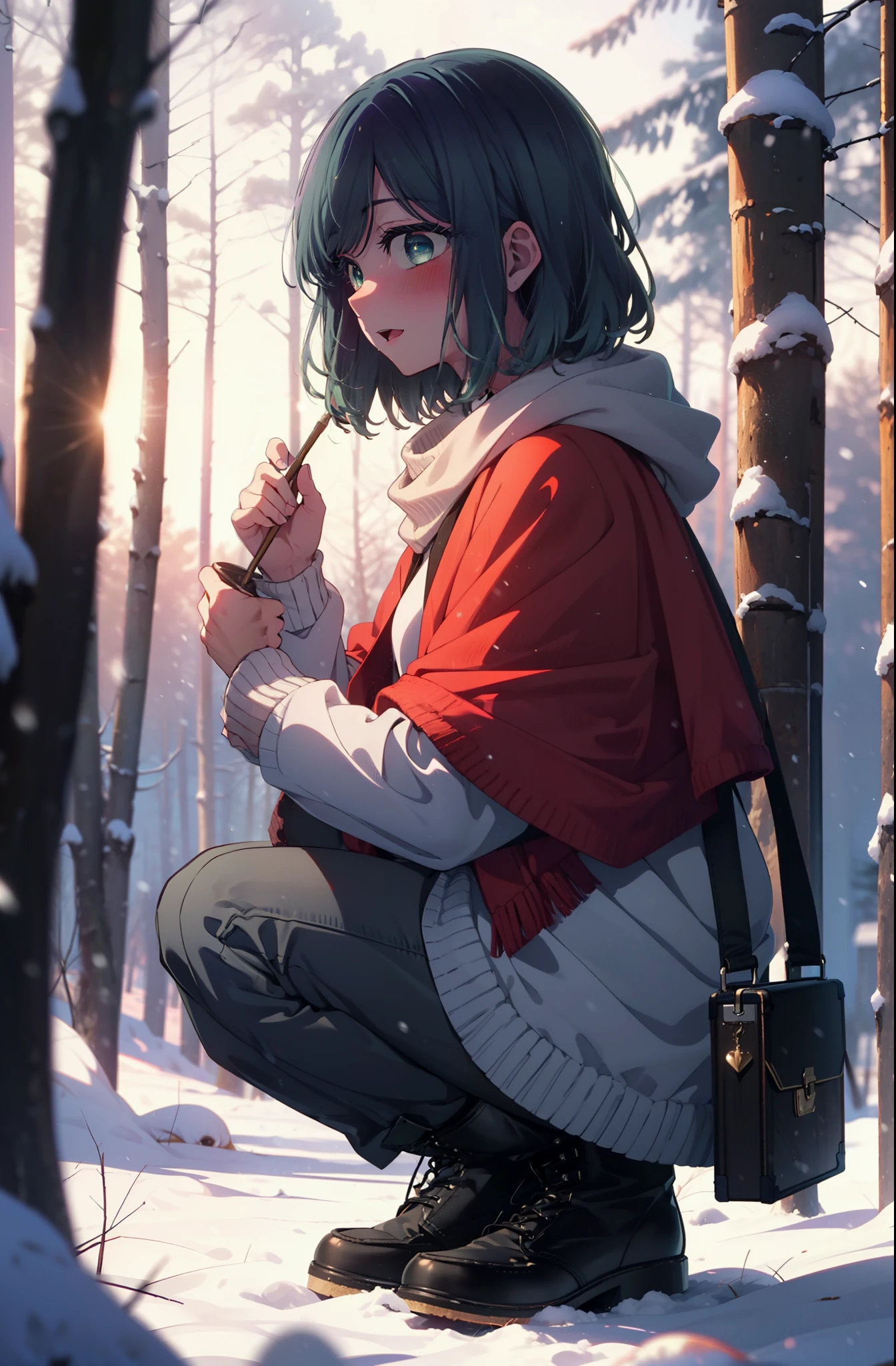 akanekurokawa, akane kurokawa, bangs, (Green Eyes:1.3), Blue Hair, Medium Hair, dark Blue Hair,smile,blush,White Breath,
Open your mouth,snow,Ground bonfire, Outdoor, boots, snowing, From the side, wood, suitcase, Cape, Blurred, , forest, White handbag, nature,  Squat, Mouth closed, Cape, winter, Written boundary depth, Black shoes, red Cape break looking at viewer, Upper Body, whole body, break Outdoor, forest, nature, break (masterpiece:1.2), highest quality, High resolution, unity 8k wallpaper, (shape:0.8), (Beautiful and beautiful eyes:1.6), Highly detailed face, Perfect lighting, Extremely detailed CG, (Perfect hands, Perfect Anatomy),