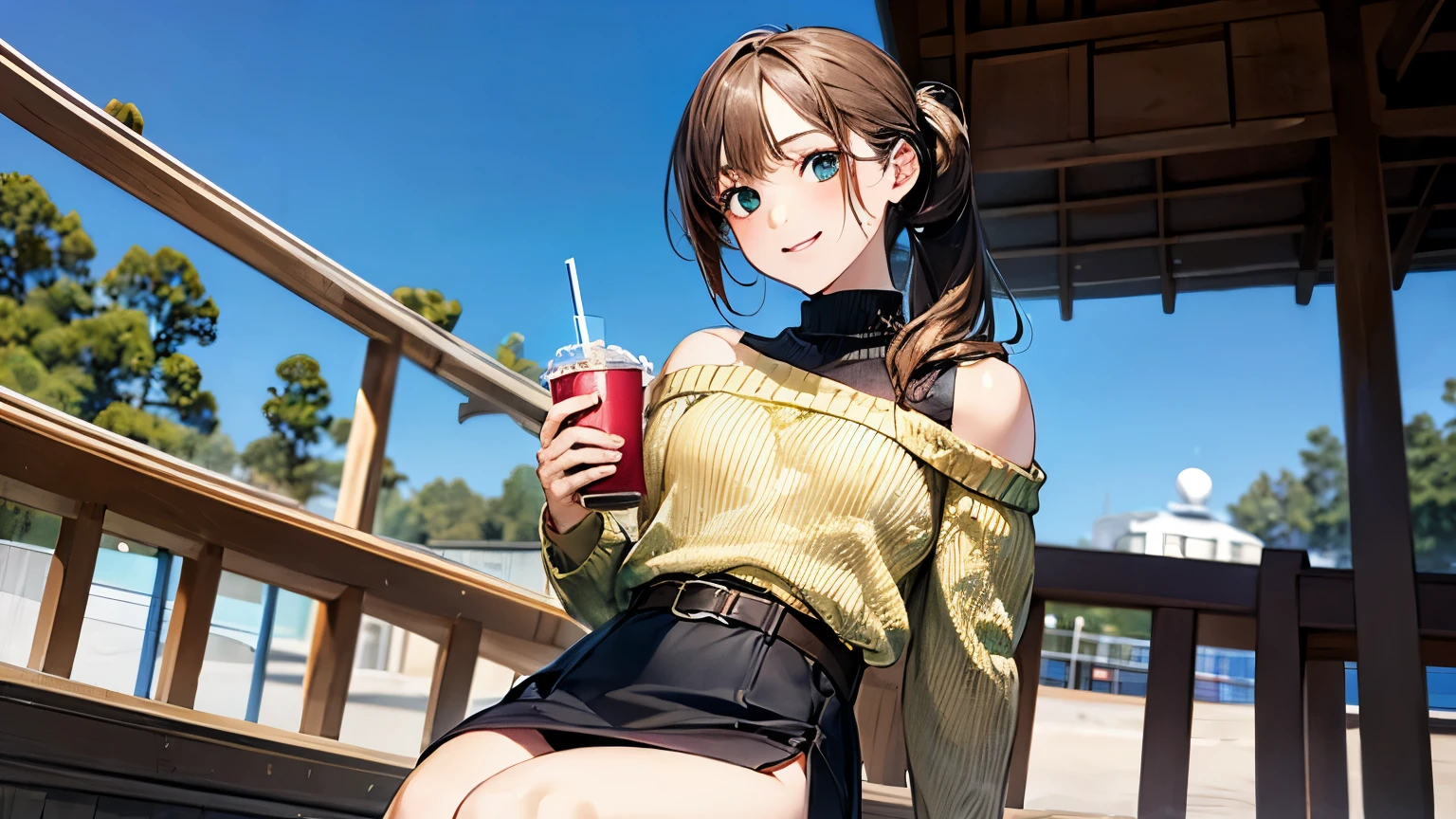 (masterpiece:1.2, highest quality), (Realistic, photoRealistic:1.4), Beautiful illustrations, (Natural Side Lighting, Cinema Lighting),
avert your eyes, (From below), 1 girl, Japanese, high school girl, , Perfect Face, Perfect body, Cute and symmetrical face, Shiny skin, Baby Face, short hair:1.5, (Low Ponytail):1.6, Long sideburns, Light brown hair), Asymmetrical bangs, Dark blue eyes, Big eyes, Droopy eyes, (Middle chest, Captivating thighs, Big Ass),
Beautiful Hair, Beautiful Face, Beautiful fine details, Beautiful clavicle, Beautiful body, Beautiful breasts, Beautiful thighs, Beautiful feet, Beautiful fingers,
(((Off-the-shoulder light yellow-green sweater), Sleeveless Black Turtleneck Sweater, 茶色のタイトmini skirt), belt, emerald green hair ribbon),
(Beautiful views), evening, (amusement park), walk, (put your hands in your hair), Holding a drink, (Smile, Open your mouth), Reading a book,whole body,mini skirt,Attractive legs,holding a book in hand