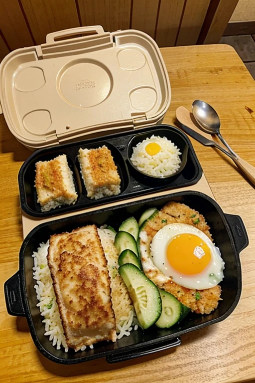 Bento cardboard box with 1 cup garlic rice, 1 sunny side up, chicken katsu, and thinly sliced tomato and cucumber