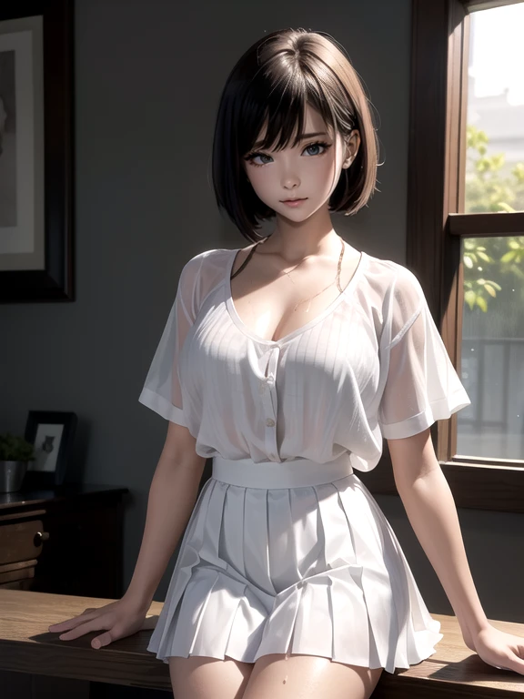 (8k, highest quality, Tabletop:1.2), (Realistic, Photorealistic:1.37), Very detailed,((( 1 girl))),alone,Beautifully detailed hotel suites,night,Sitting,Bend one leg、In a hotel room,(Red nose),(smile:1.15),(Mouth closed) Small breasts,Very thin legs,Beautiful fine details,(shirt:1.1), night, Wet, rain,White lace, (short hair:1.2),Floating Hair NovaFrogStyle, ((whole body)), sexy, cute,Short black hair,