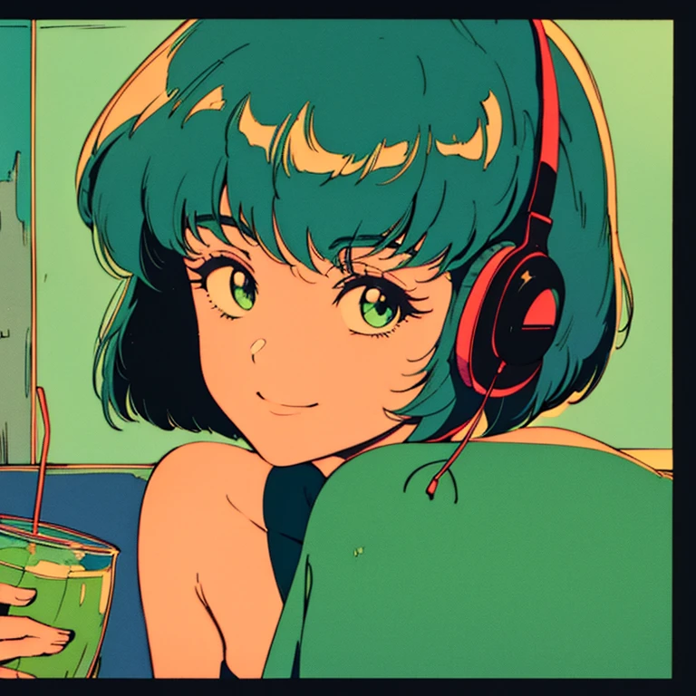 masterpiece, City Pop Style, Green Hair, fluffy bob cut, Wearing headphones, Shoulder length, alone, Futuristic, still, praise, Retro, Vintage,  A light smile, Drinking cocktails at a jazz bar, (( Wide Shot))