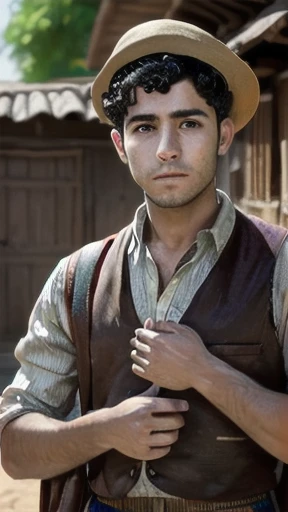 a young jew man in a village, focus on the character's face