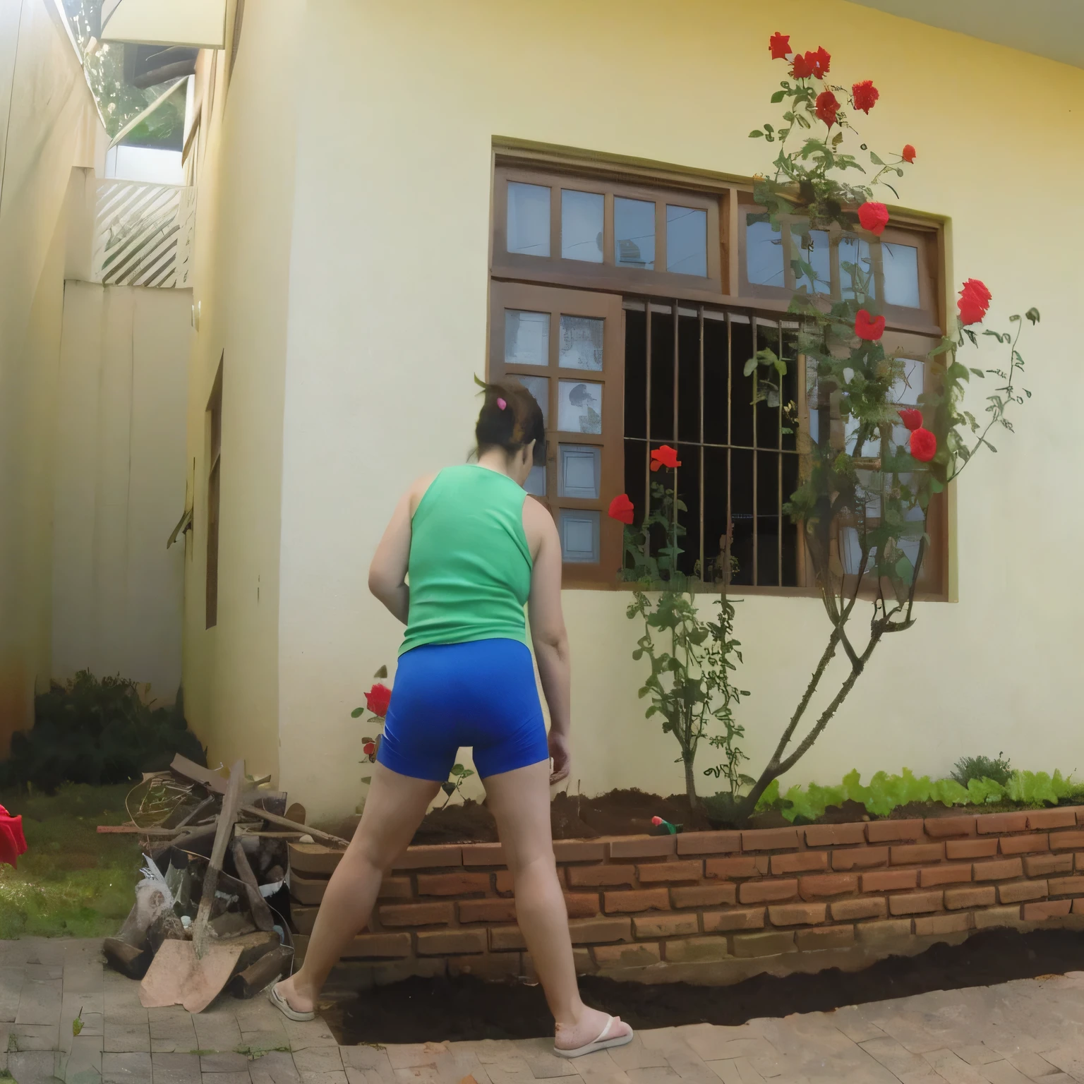 there is a woman that is standing in front of a building, standing outside a house, back - shot, squatting down next to a pool, squatting pose, pulling weeds out frantically, side shot, rear-shot, squatting, back shot, backshot, using a spade, rear shot, in front of the house, in the yard