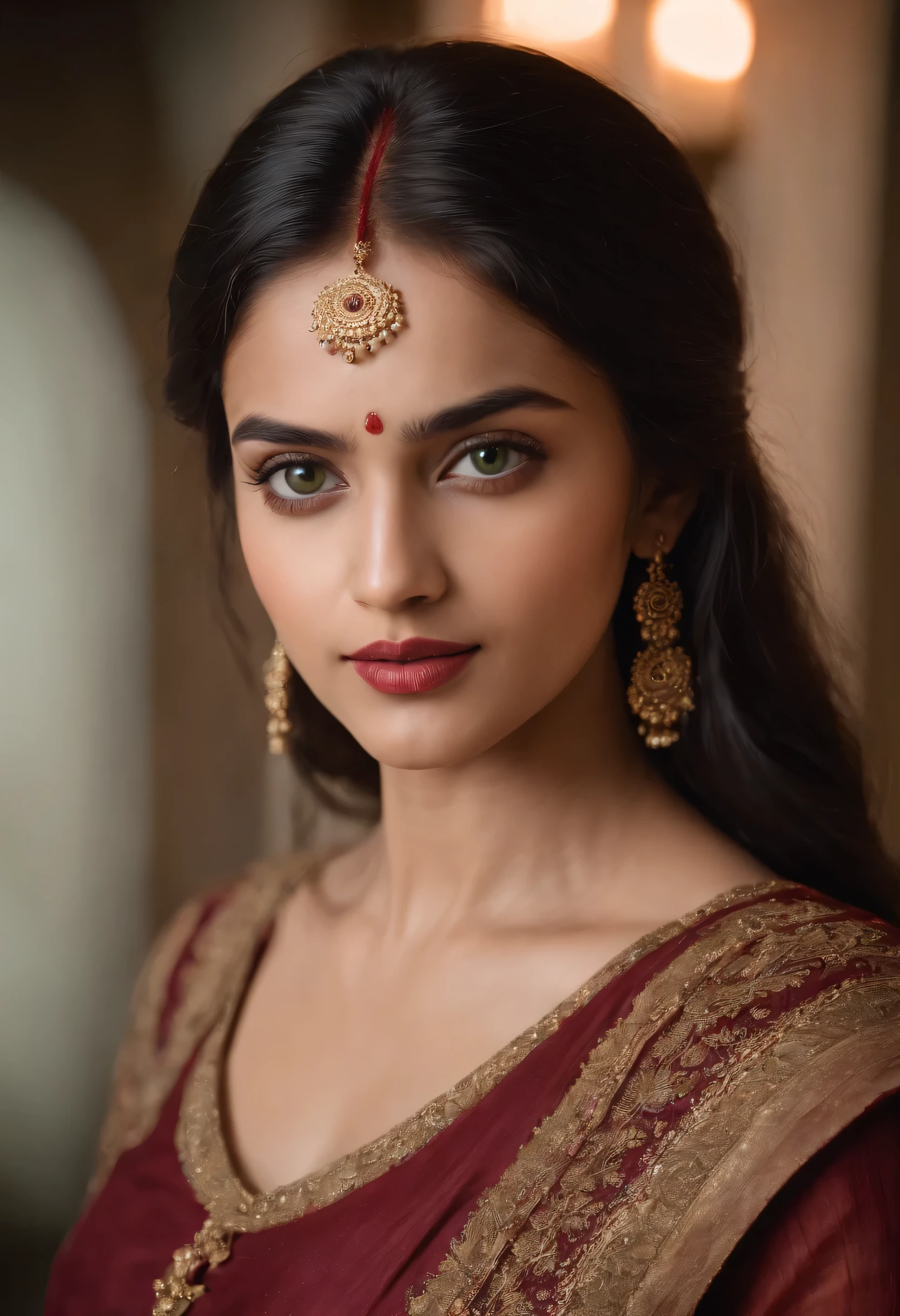 (((a deep reddish wound crosses her left cheek))) fair complexion, indian woman around 19 years old, natural black hair, distinctive green eyes, wearing kohl, slender and graceful, beautiful, candlelight in a medieval setting, ultra sharp focus, realistic shot, medieval female clothes, tetradic colors (scar:1.4)