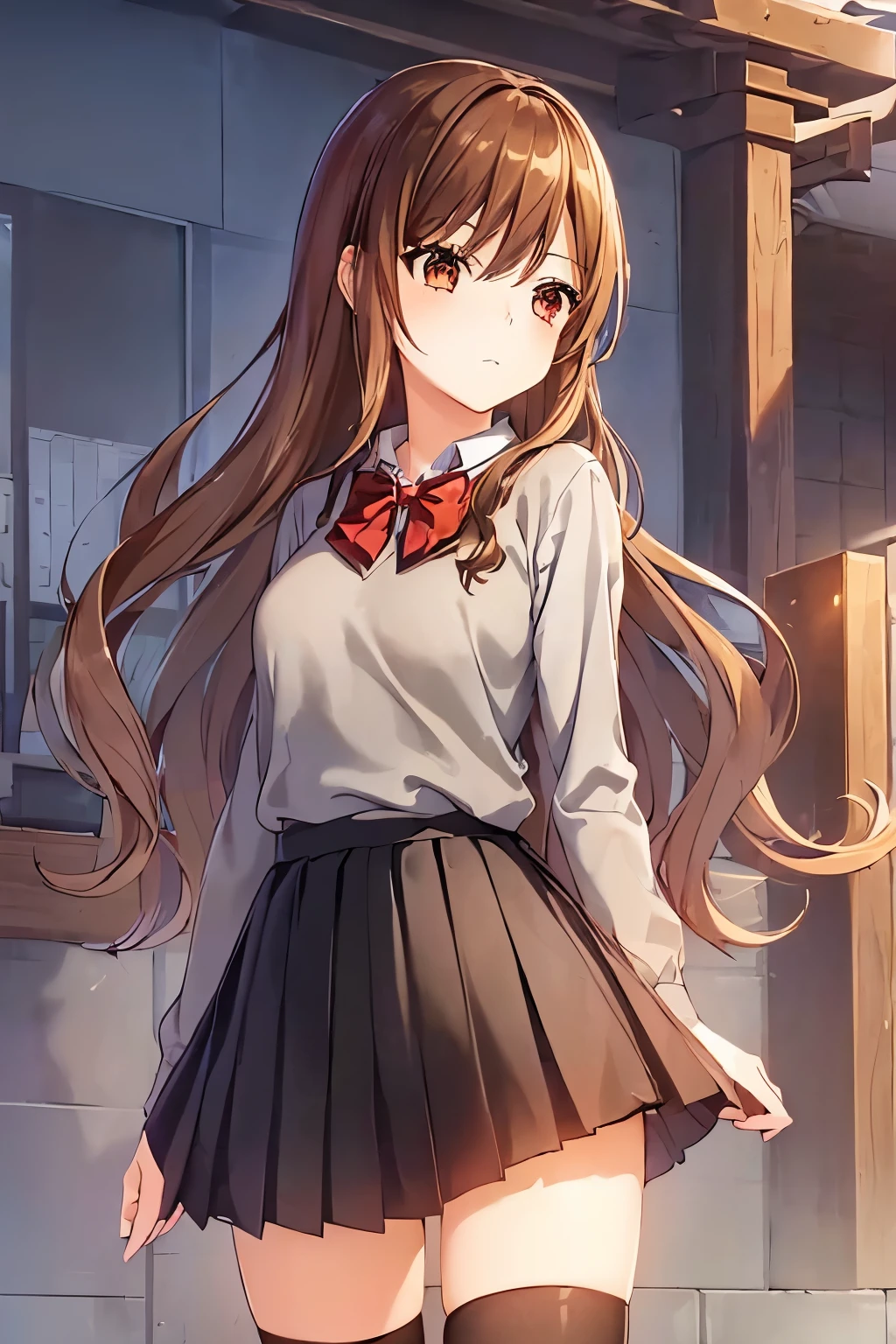 (masterpiece, top quality, best quality, official art, beautiful aesthetic, picture-perfect:1.4), 1girl, solo, Hori, (looking at viewer, standing, cowboy shot:1), (brown hair, brown colored hair, long hair, long flowing hair:1.2), (brown eyes, shining brown eyes:1.3), [smile, closed mouth:1.2], [medium chest:1], (Hori School 1, grey sweater, red bowtie, black skirt, pleated skirt, black kneehighs:1.4), (epic glow:1.4), 