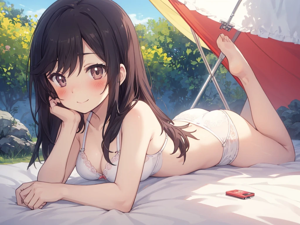 ichijou hotaru, ((li)), ((camp tent)), camp, long hair, black hair, ((blush:1.3)), happy smile, blue sky, windy:1.2, medium breasts, ((lying)), ((on stomach:1.3)), solo, head rest, white bra, white panties