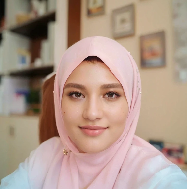 ((Best quality, 8k, Masterpiece :1.3)), Whole body, Sharp focus :1.2, A pretty woman with perfect figur and hijab e :1.4, Slender abs :1.2, ((Dark brown hair, Big breasts :1.2)), body dress :1.1, (Night city view, Modern balcony :1.1), Highly detailed face and skin texture, Detailed eyes, Double eyelid, Small Bust, OL Uniform, Office Wear, white T-shirt, exposed cleavage, (Black Pantyhose), (No Panties), Interior Scene, Office