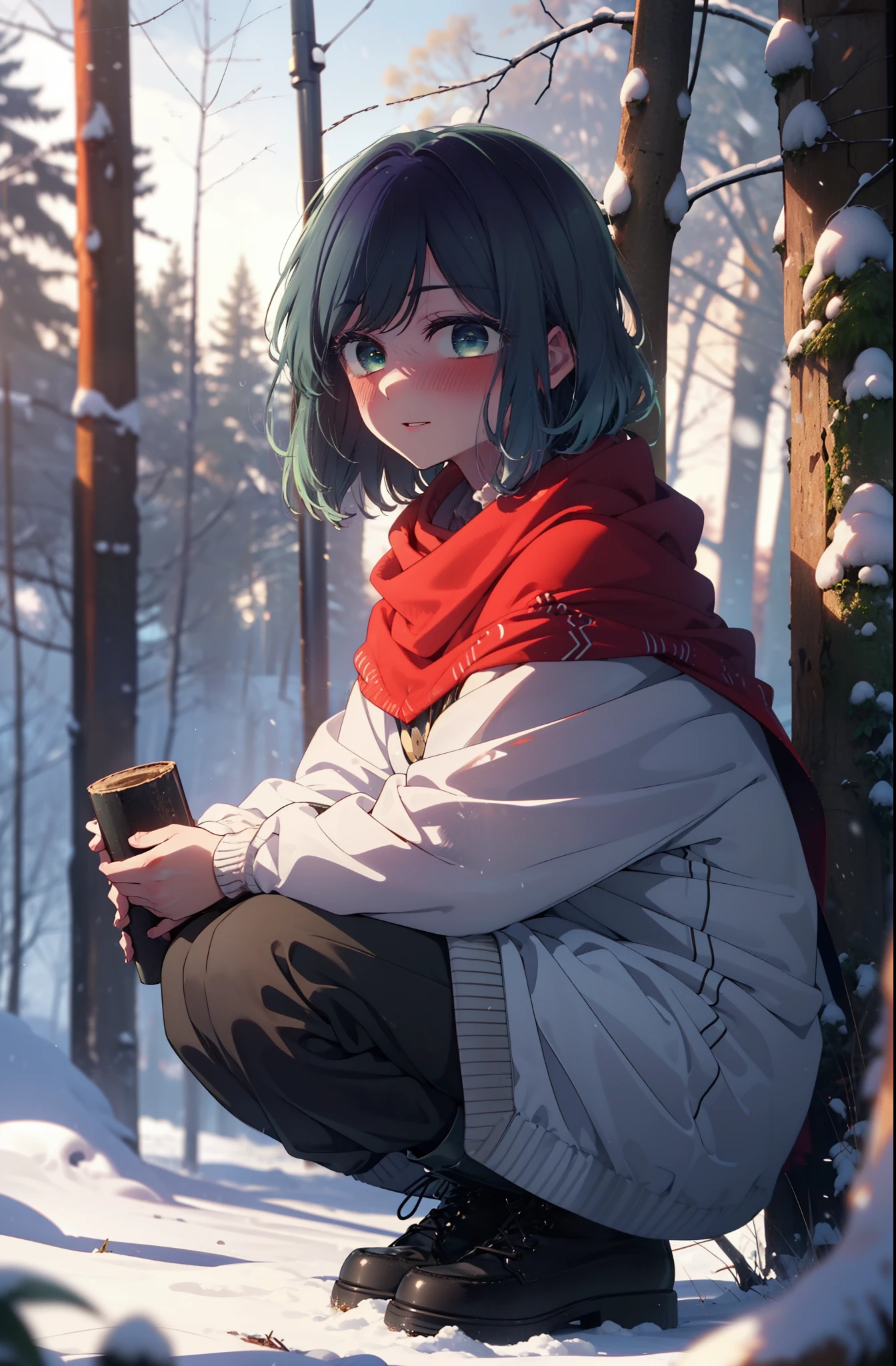 akanekurokawa, akane kurokawa, bangs, (Green Eyes:1.3), Blue Hair, Medium Hair, dark Blue Hair,smile,blush,White Breath,
Open your mouth,snow,Ground bonfire, Outdoor, boots, snowing, From the side, wood, suitcase, Cape, Blurred, , forest, White handbag, nature,  Squat, Mouth closed, Cape, winter, Written boundary depth, Black shoes, red Cape break looking at viewer, Upper Body, whole body, break Outdoor, forest, nature, break (masterpiece:1.2), highest quality, High resolution, unity 8k wallpaper, (shape:0.8), (Beautiful and beautiful eyes:1.6), Highly detailed face, Perfect lighting, Extremely detailed CG, (Perfect hands, Perfect Anatomy),