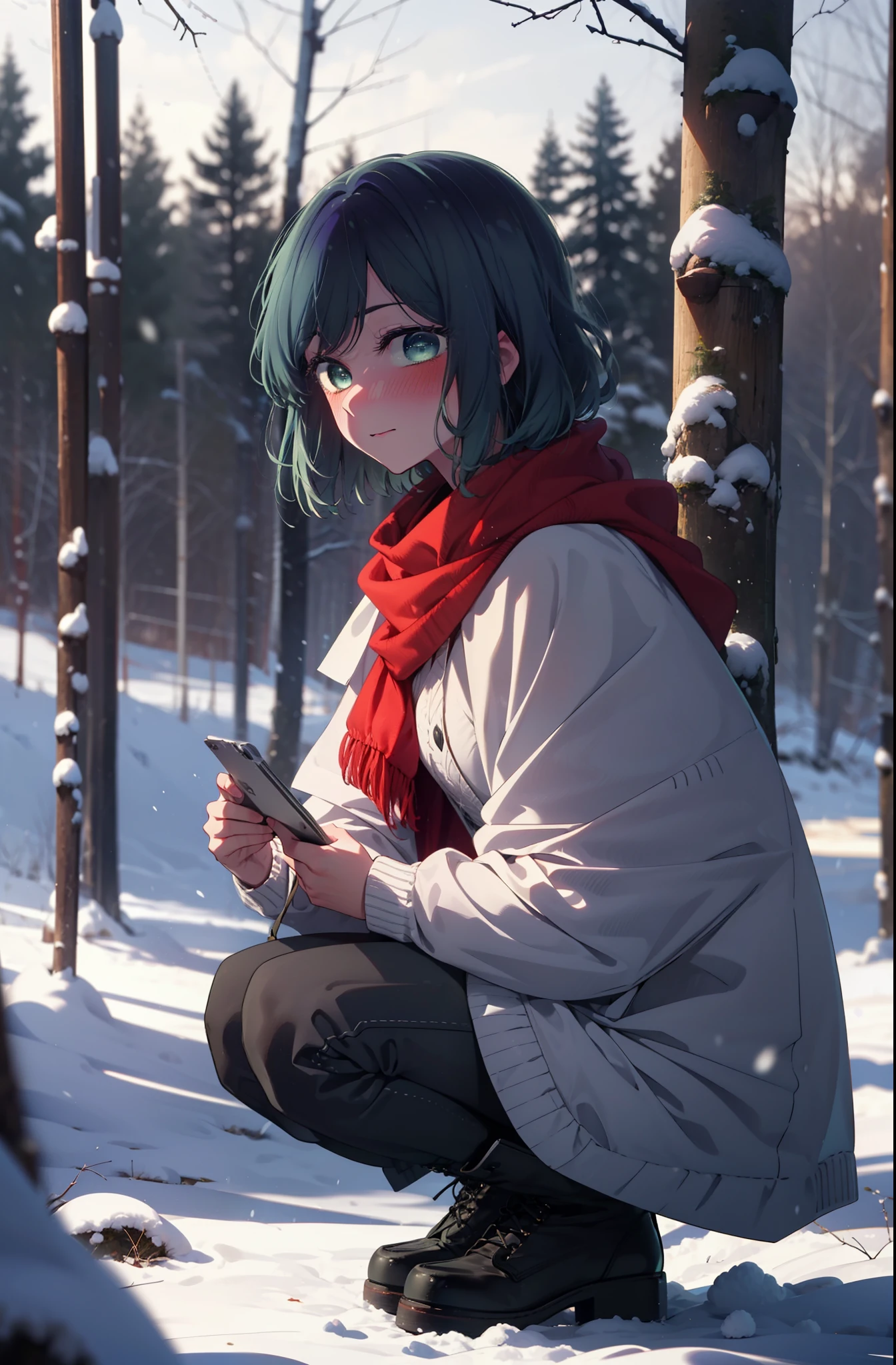 akanekurokawa, akane kurokawa, bangs, (Green Eyes:1.3), Blue Hair, Medium Hair, dark Blue Hair,smile,blush,White Breath,
Open your mouth,snow,Ground bonfire, Outdoor, boots, snowing, From the side, wood, suitcase, Cape, Blurred, , forest, White handbag, nature,  Squat, Mouth closed, Cape, winter, Written boundary depth, Black shoes, red Cape break looking at viewer, Upper Body, whole body, break Outdoor, forest, nature, break (masterpiece:1.2), highest quality, High resolution, unity 8k wallpaper, (shape:0.8), (Beautiful and beautiful eyes:1.6), Highly detailed face, Perfect lighting, Extremely detailed CG, (Perfect hands, Perfect Anatomy),