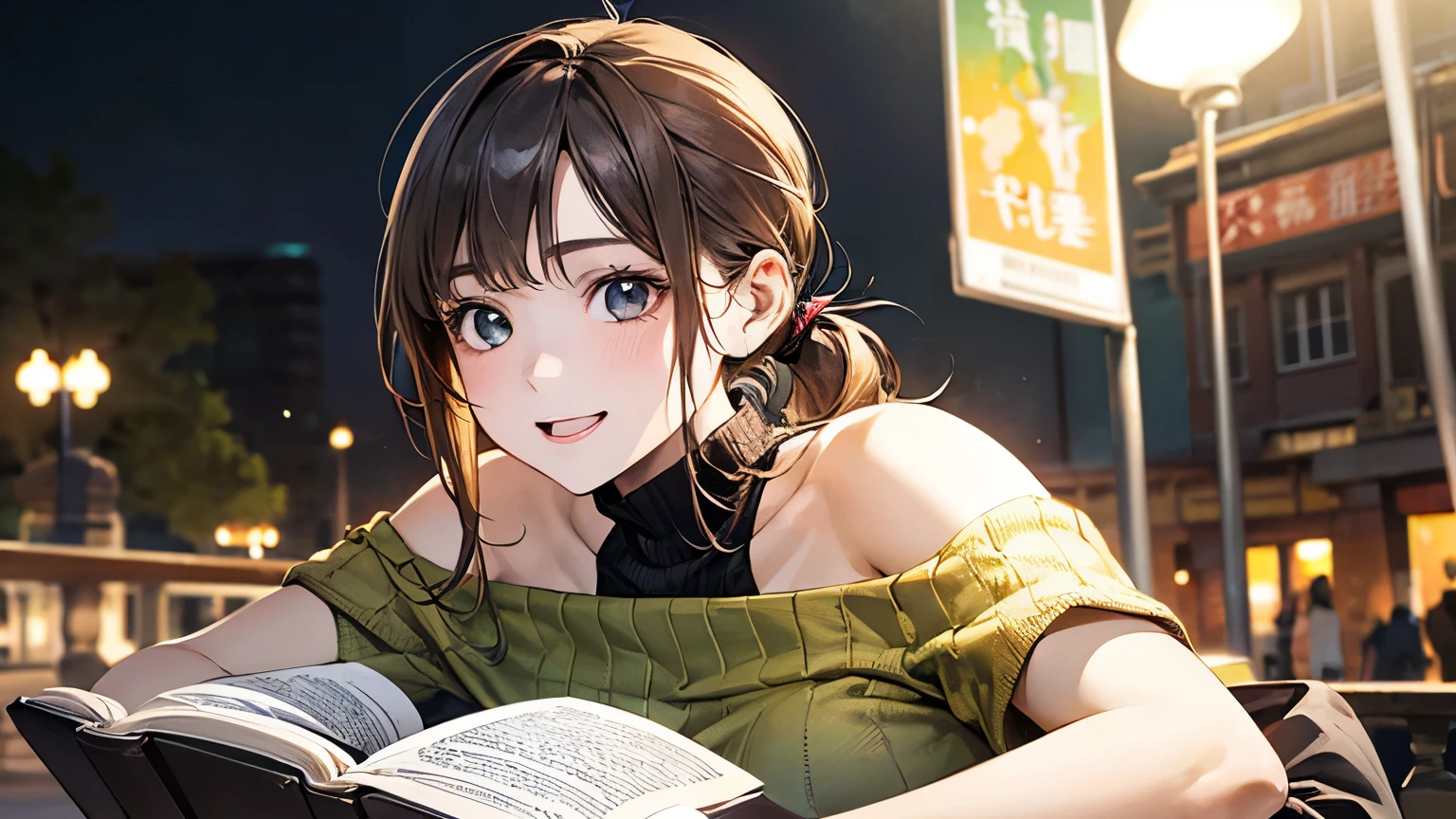 (masterpiece:1.2, highest quality), (Realistic, photoRealistic:1.4), Beautiful illustrations, (Natural Side Lighting, Cinema Lighting),
avert your eyes, (From below), 1 girl, Japanese, high school girl, , Perfect Face, Perfect body, Cute and symmetrical face, Shiny skin, Baby Face, short hair:1.5, (Low Ponytail):1.6, Long sideburns, Light brown hair), Asymmetrical bangs, Dark blue eyes, Big eyes, Droopy eyes, (Middle chest, Captivating thighs, Big Ass),
Beautiful Hair, Beautiful Face, Beautiful fine details, Beautiful clavicle, Beautiful body, Beautiful breasts, Beautiful thighs, Beautiful feet, Beautiful fingers,
(((Off-the-shoulder light yellow-green sweater), Sleeveless Black Turtleneck Sweater, 茶色のタイトmini skirt), belt, emerald green hair ribbon),
(Beautiful views), evening, (amusement park), walk, (put your hands in your hair), I have a book, (Smile, Open your mouth), Reading a book,whole body,mini skirt,Attractive legs,手にI have a book