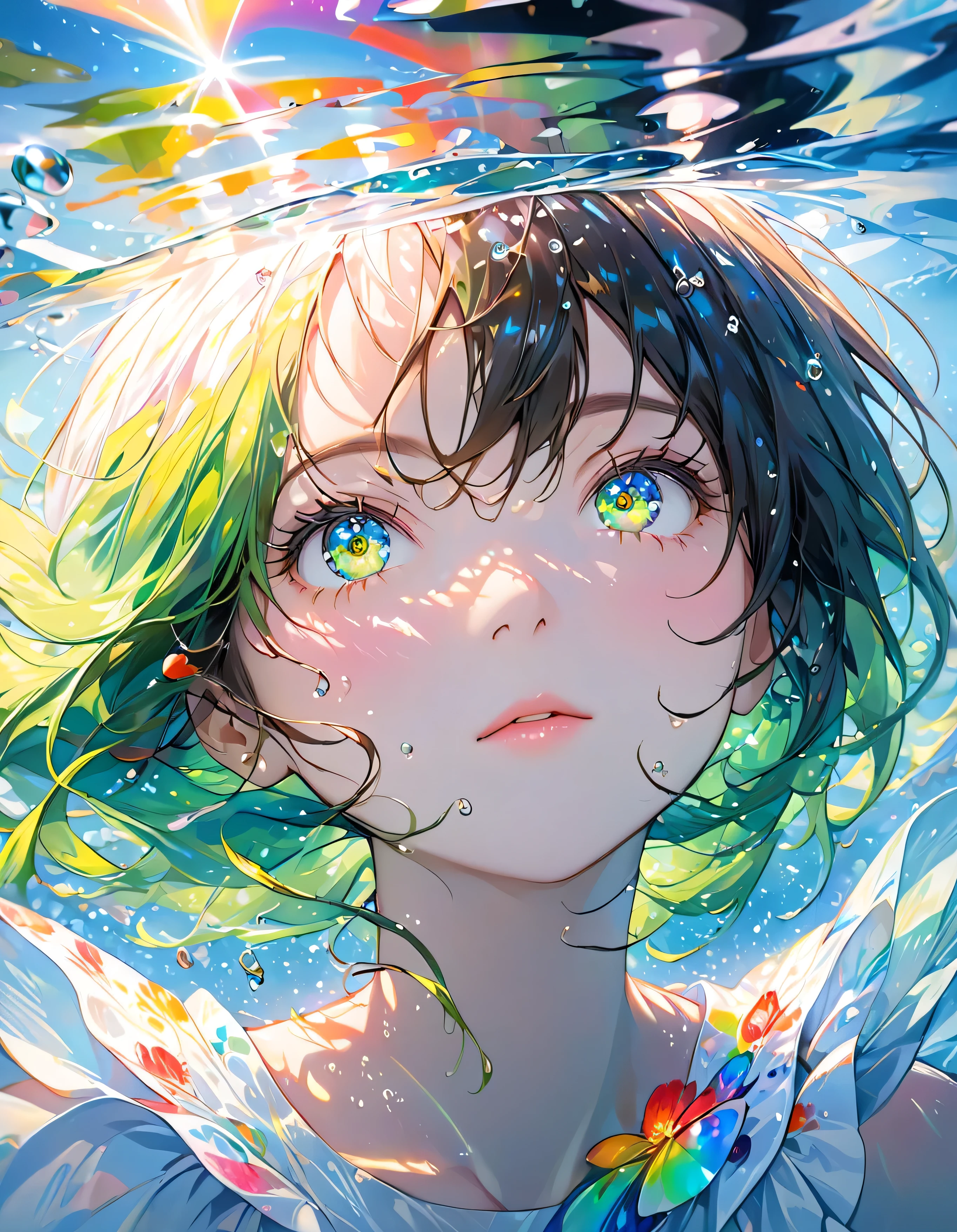 Girl swimming underwater,Ultra-detailed rendering style,shine,yellow,green,Brush,Surreal oil painting,Shining Eyes,Head close-up,Exaggerated perspective,Tyndall effect,Water Drop,Mother of pearl rainbow color,holographic white,Black background,