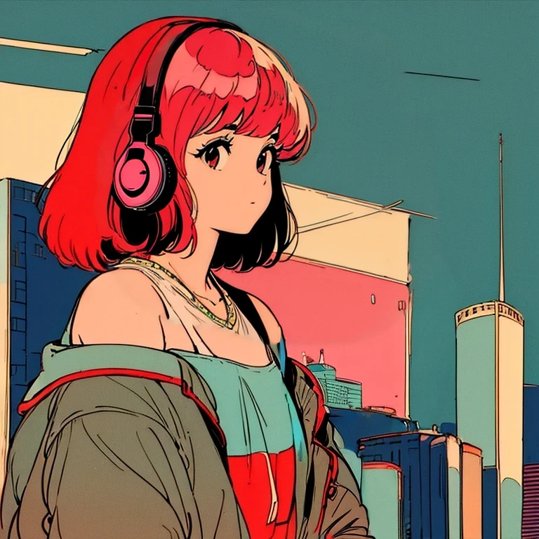masterpiece, City Pop Style, Pink Hair, Japanese, fluffy bob cut, Wearing headphones, Shoulder length, alone, Futuristic, still, praise, Retro, Vintage, A light smile