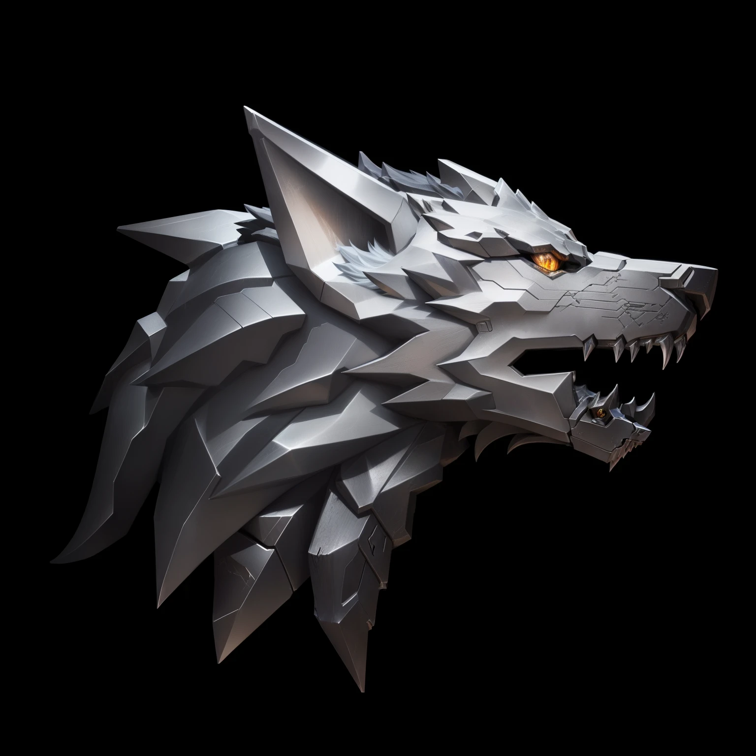 Close up of a metal animal head on a black background,, Detailed game art, fantasy wolf portrait, Game Icon资产, Metal Material,Metallic luster,Game Icon,Gorgeous Icons,Diablo style, ,HD,4K