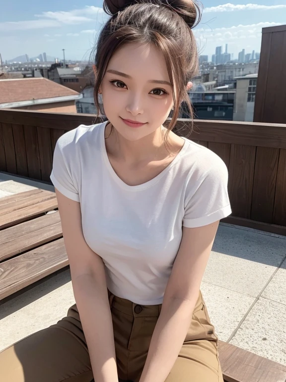 masterpiece, highest quality, High resolution,alone,Brown,artistic,Best lighting,casual,Flat Chest,Beautiful Face,expensive,smile,light makeup,Age 24,Calm woman,Detailed Hair,Laughing woman,Face Focus,Forehead,,Bun Hair,morning,rooftop,Pants Style,Woman wearing a T-shirt
