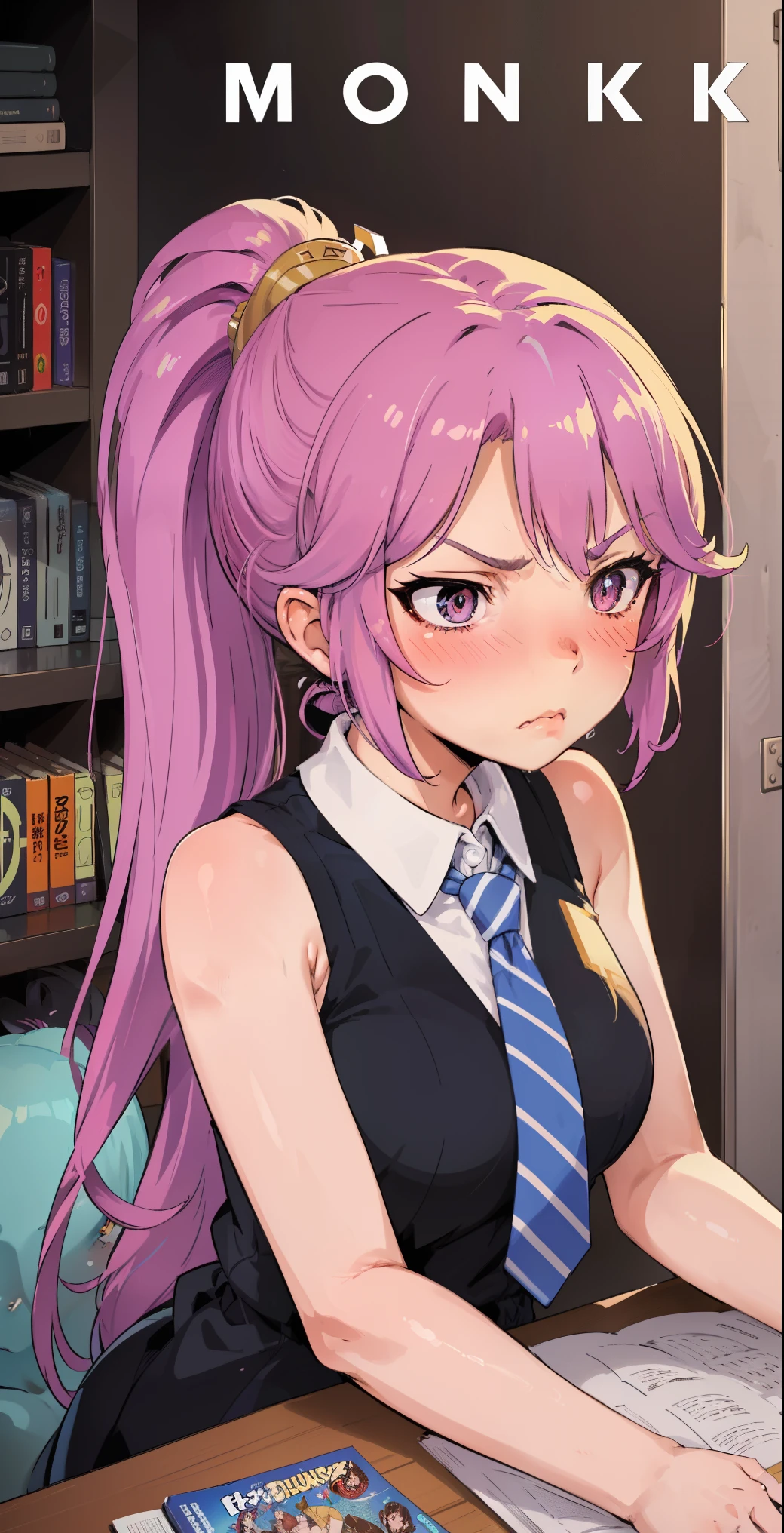 Jibril, (standing), blushed, perfect anatomy, detailed eyes, detailed lips, extremely detailed eyes and face, vivid colors, sharp focus, masterpiece:1.2, ultra-detailed, blushed, ((doggystyle)), (solo), ((tie)), sleeveless, ((((ponytail)))), (((disdain, disgust))), ((comic book))