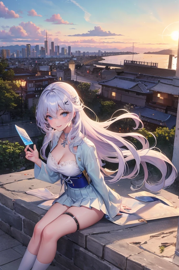 official art, masterpiece, sharp focus, (beautiful gorgeous cute Korean woman:1.3), (beautiful cute korean:1.3), korean beauty, Delicate and beautiful hair and eyes and face, realistic, ultra detailed, beautiful girl, blue sky, glow white particle, (sidelighting:1.2), sun light, white cloud, detailed clouds, slender, Lovely very large breasts and very large hips, smile with teeth, ((smile with eyes, open both eyes)), scenery, long straight hair, sexy facial expression, building, (cityscape:1.7), dynamic hair, long straight hair, detailed platinum pink hair, glow blue eyes, (blue pleated shirts + white skirt), white long socks, pale skin, hair ornament, epic scenery,