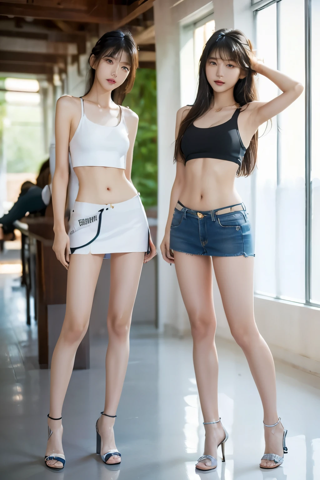 (highest quality,  8K masterpiece: 1.3), concentrated: 1.2,((((Both of them stand with their legs apart)))),(((Both of them have an inseam that is more than half their height.))),((Bare legs)),((Both of them are extremely slim))，((They both have super slim legs)),((2人ともアジア人離れした超tall)),((They are both the same height)),((Two beauties with perfect supermodel style: 1.2)), Super thin waist: 1.2, Thin buttocks,Open the navel,完璧なSuper thin thighs: 1.2),(((Both of them have amazingly slim figures.))),((Denim micro mini skirt)),Highly detailed face and skin texture,Symmetrical face, Fine grain, Beautiful Face, White skinned asian, Ultra-Realistic Details,((Slender Asian Girl)),((K-Pop Idols)), Wide Lighting, Natural Shadows,(((((Both of them take full body shots: 1.8))))),(Very small hips),Large firm breasts, Super long thighs,(Super thin thighs),(Super slim calves),(Skinny thighs),((Small Ass)),Super muscular body,Super toned waist,More emphasis on the abdominal muscles，((Both of them are muscular and have clearly defined six pack abs.)),Super thin waist,((White high heels)),(tall),(((Both of them are extremely exposed.))),lengthen limbs,((The background is the city)),(White short mini camisole),Hands on hips,Both of them face forward，(((Both of you should face your whole body straight ahead.))),Super long arms,Thin hands,(Long black hair),((Both of them stand up straight.)),(Keep your hips facing forward),Both of them are beautiful with a 9-head body proportion.,Very thin ankles,The arms are very slender and muscular,The legs are super slender and muscular,Make your arms thinner,Super slim and muscular legs,Both of them have super long legs.,The middle of the thighs are very thin,Super muscular and extremely slim calves,Super muscular and slim thighs,Very tight waist,(Both of them have an inseam that is more than half their height.の美脚),Extremely thin thighs,Fine skin,Firm skin,(((Both of them should fit from the top of their heads to the toes of their heels.))),(((Both of them have super slim legs))),Both of them have super slim and muscular legs.,((Low - Angle)), ((Wide open abdomen)),information