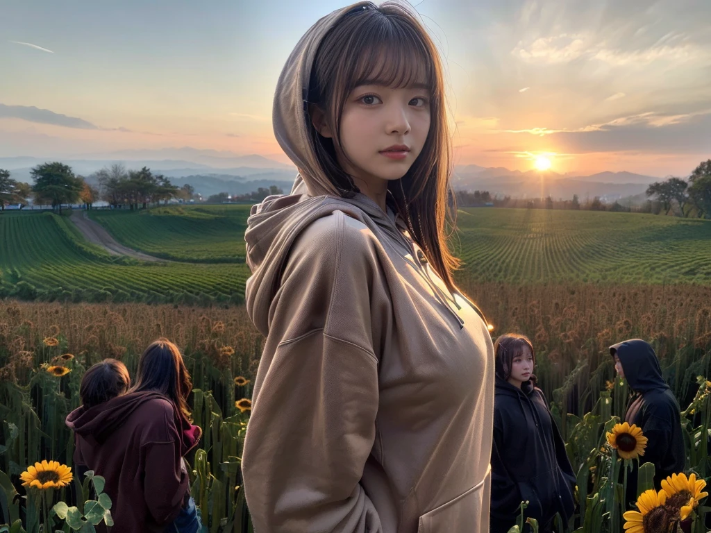 ((top-quality、8K、masterpiece:1.3))、1girl in、Beautiful woman standing on snowy mountain:1.3、(brown long-haired、Colossal tits:1.4)、(Big Silhouette M51 Field Hoodie:1.5)、Super delicate face、Delicat eyes、double eyelid、Close-up of upper body from below、Sunset、