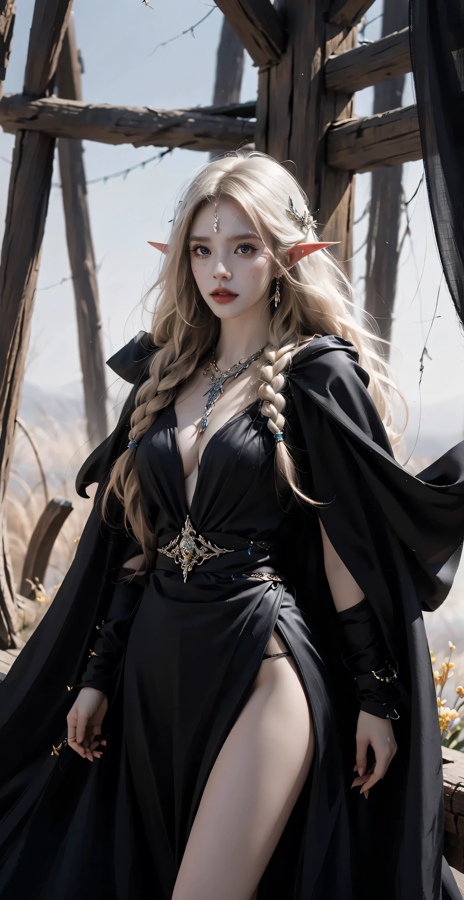 An elf princess，（masterpiece，Ultra-clear，high quality，Ultra Detailed，CG Wallpaper，RAW pictures），Elf Ranger，cloak，cloak，Long hair，braid，Exquisite makeup，earrings，Lip Gloss，clavicle，Big breasts and thin waist，The skin is white and smooth，Correct detailed hands，Long legs，shoe，（Perfect body），Dazzling accessories，Elegant and dignified，Noble，Holy，Long-range full-body image，8K