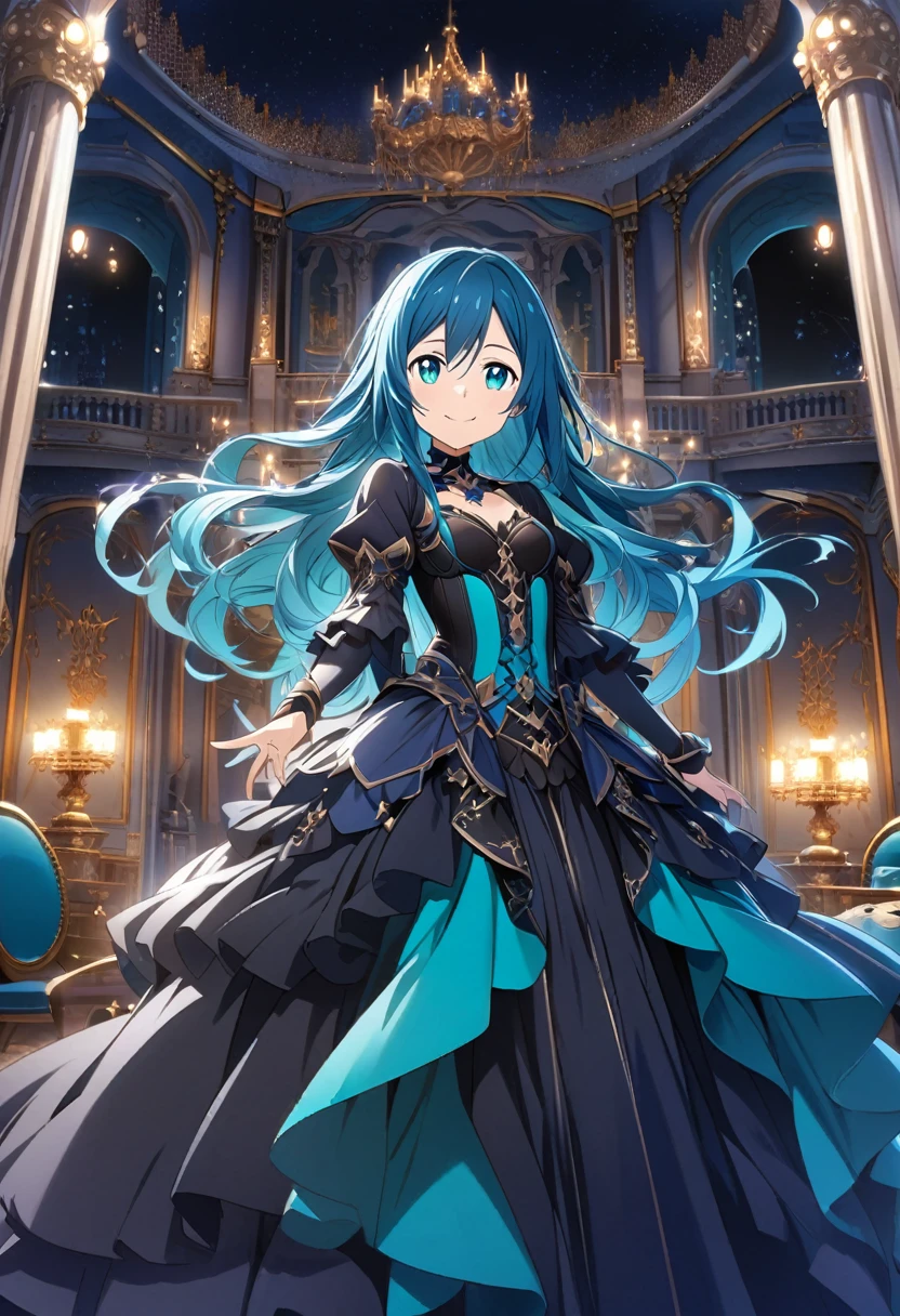 Kohinata Miku \(Sword Art Online\), (long turquoise blue hair), (turquoise blue eyes):1.2, dark princess costume, bangs, smiling gently, navy colored rapier, ((ultra-detailed)), ((illustration)), ((flowing hair)), (beautiful detailed eyes), female, 1girl, standing, ((palace bedroom, night)), looking at viewer