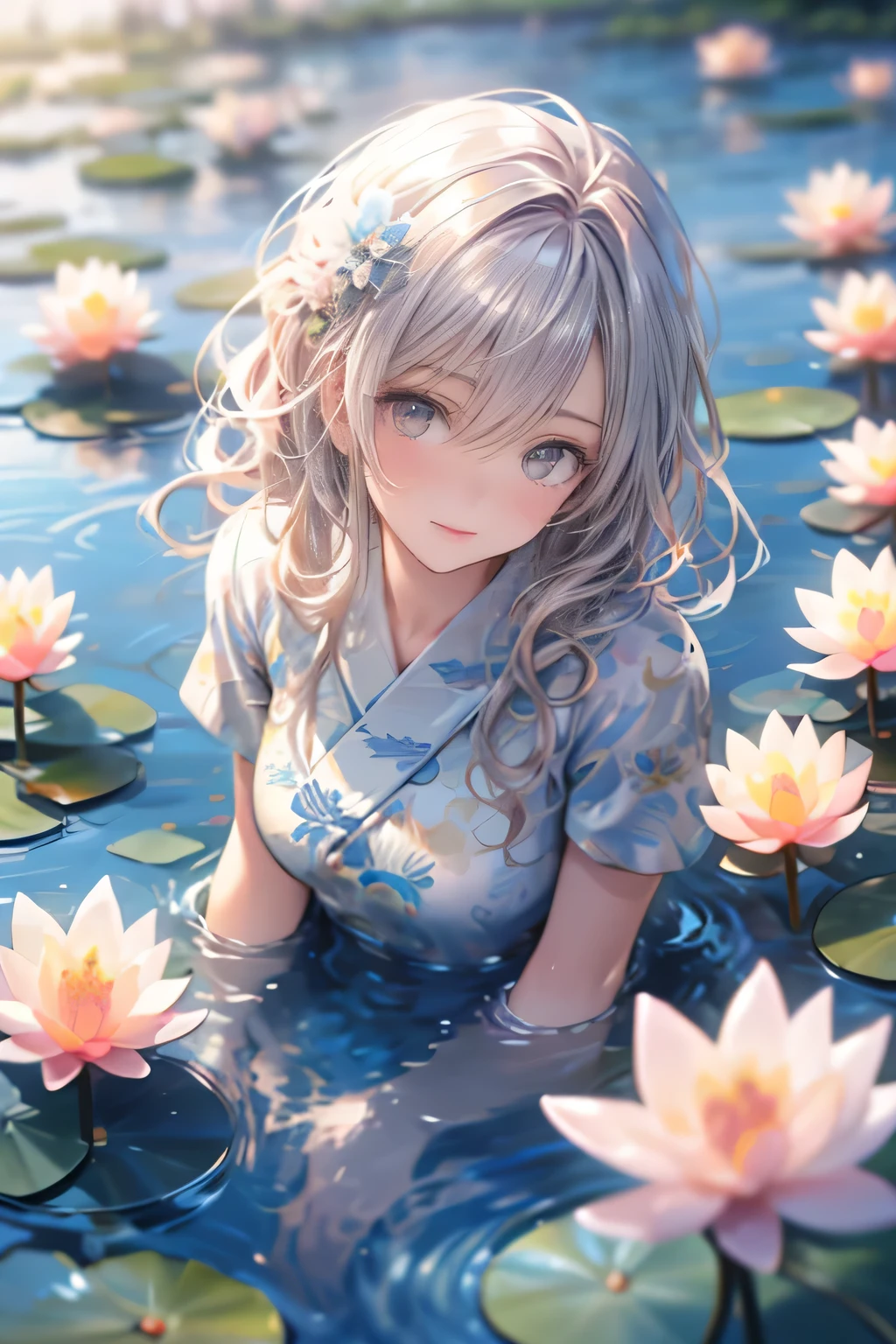 multiple exposure, masterpiece:1.2, highest quality, 16k, highres, ultra-realistic, photorealistic:1.37, beautiful detailed:1.2, cute girl, standing on a bridge spanning a water lilies pond, jet black long straight hair, blunt bangs, pond(colorful water lilies, full of water lilies), beautiful delicate elegant kimono with a water lilies motif, Beautiful and elegant pose, gently smile, beautiful delicate(hair, face, long eyelash, eyes, pupils, lips, kimono, water lilies, pond), sparkling eyes, shining rosy lips, blushed cheek, through bangs