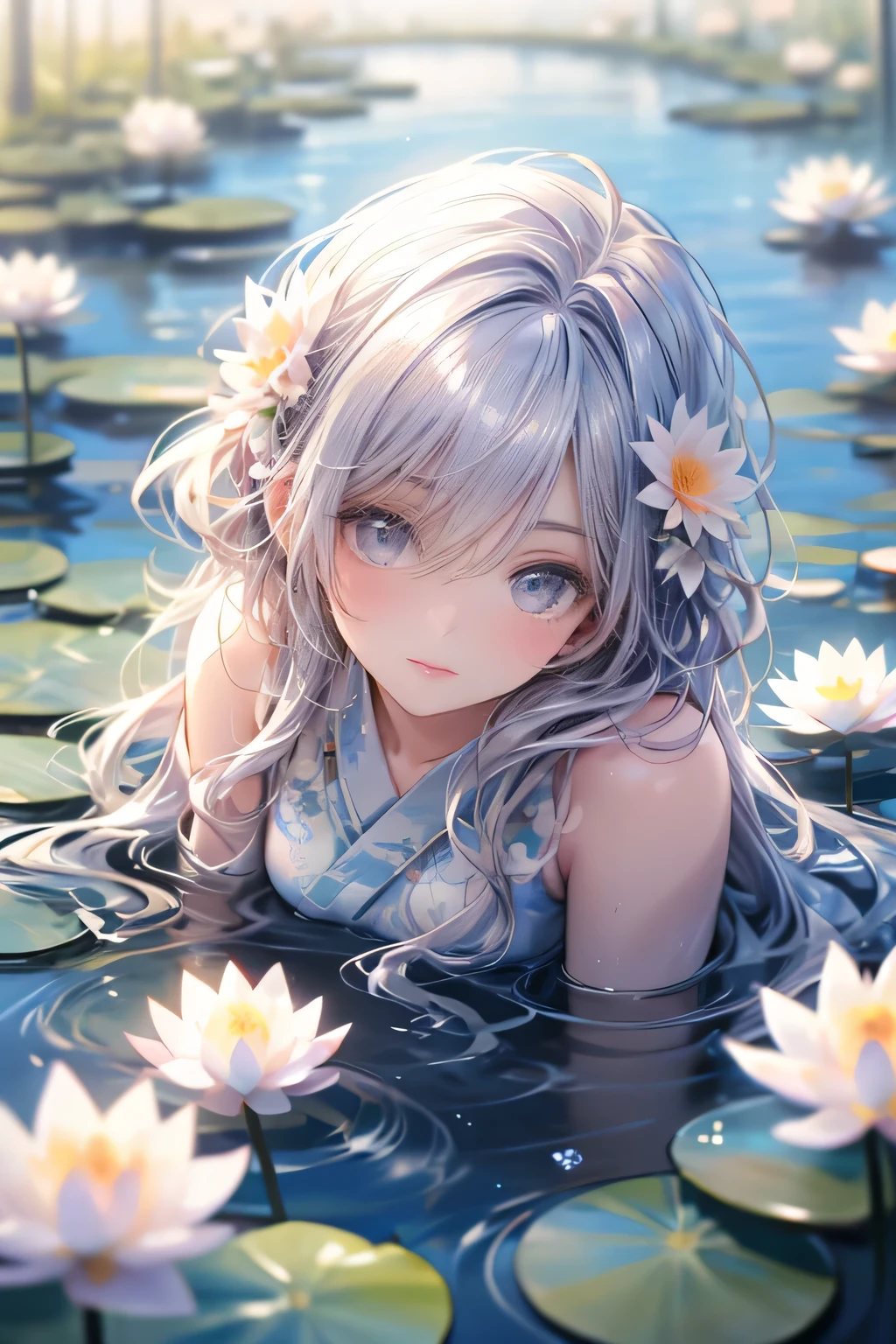 multiple exposure, masterpiece:1.2, highest quality, 16k, highres, ultra-realistic, photorealistic:1.37, beautiful detailed:1.2, cute girl, standing on a bridge spanning a water lilies pond, jet black long straight hair, blunt bangs, pond(colorful water lilies, full of water lilies), beautiful delicate elegant kimono with a water lilies motif, Beautiful and elegant pose, gently smile, beautiful delicate(hair, face, long eyelash, eyes, pupils, lips, kimono, water lilies, pond), sparkling eyes, shining rosy lips, blushed cheek, through bangs