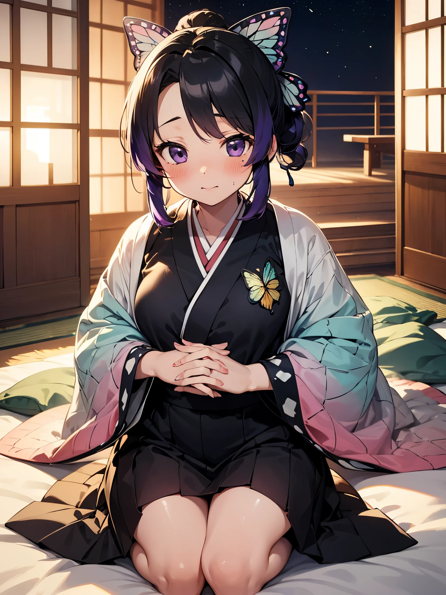 NSFW,1 girl,胡butterflyしのぶ、Black Hair、butterfly、butterflyのhair ornaments、amount、Gradient Hair、hair ornaments、Haori、Multi-colored hair、Parted bangs、Purple Hair、short hair、Two-tone hair、Oiran,High-quality Japanese clothing,(Perfect hands),(Perfect Anatomy),(masterpiece),(highest quality),Embarrassed,blush,Japanese-style room at night,futon