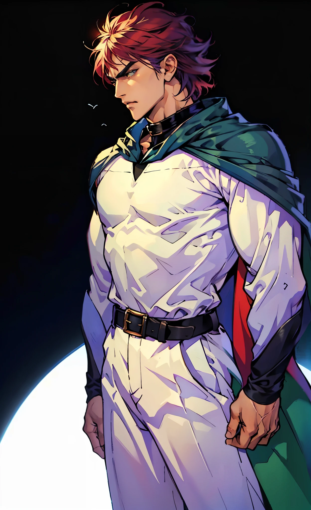 A young man with Greenish-blue spiky short hair, middle part bangs, a disdainful look, slender eyebrows, delicate features, a robust physique, a fantasy-style purple and white tight outfit, a black collar connected to a dark blue cape, a white belt attached to a red and white hem, sky-blue trousers, green flowing light surrounding him, standing on a long street at night, side view, this character embodies a finely crafted fantasy-style warrior in anime style, exquisite and mature manga art style, dramatic, high definition, best quality, highres, ultra-detailed, ultra-fine painting, extremely delicate, professional, perfect body proportions, golden ratio, anatomically correct, symmetrical face, extremely detailed eyes and face, high quality eyes, creativity, RAW photo, UHD, 32k, Natural light, cinematic lighting, masterpiece-anatomy-perfect, masterpiece:1.5