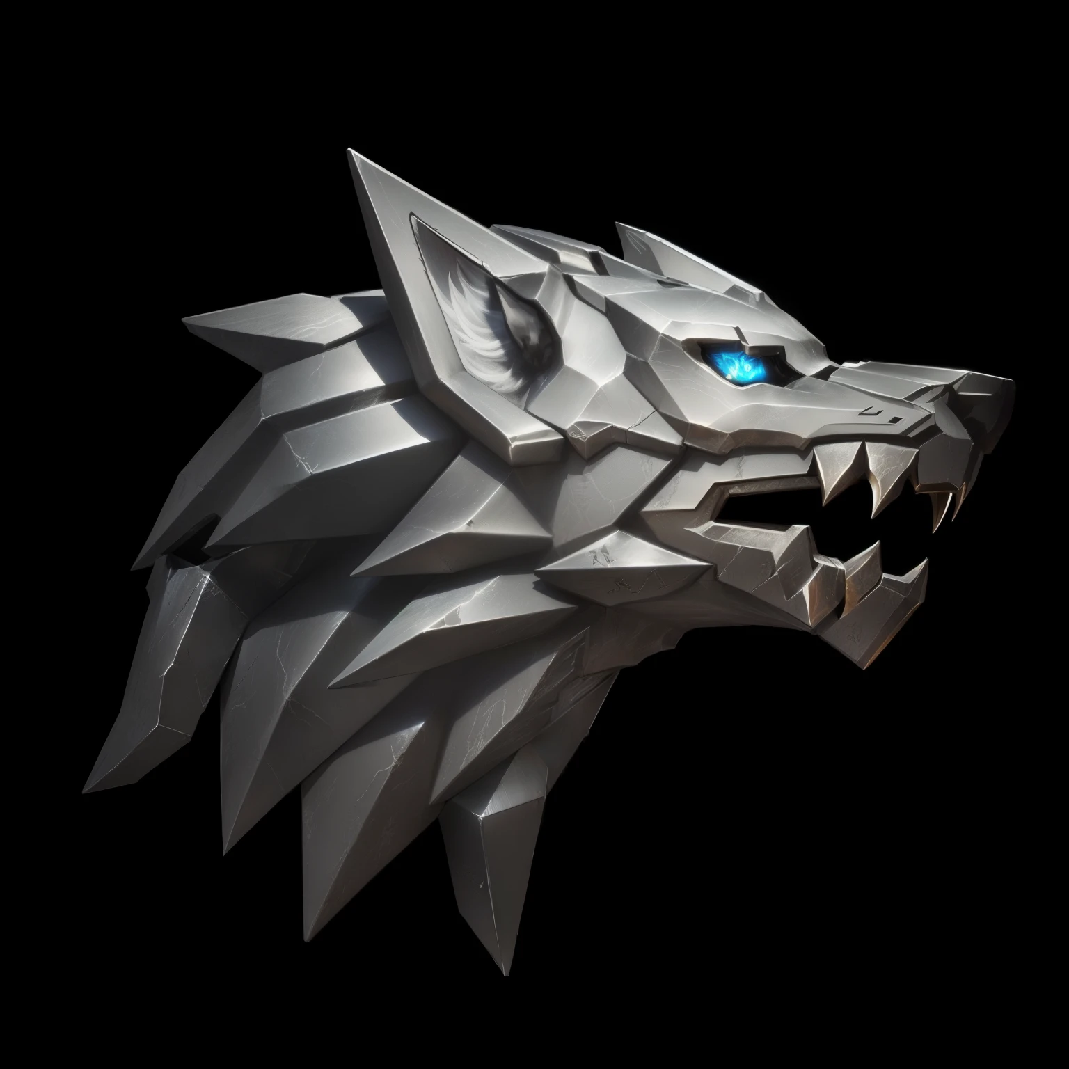 Close up of a metal animal head on a black background,, Detailed game art, fantasy wolf portrait, Game Icon资产, Metal Material,Metallic luster,Game Icon,Gorgeous Icons,Diablo style, ,HD,4K