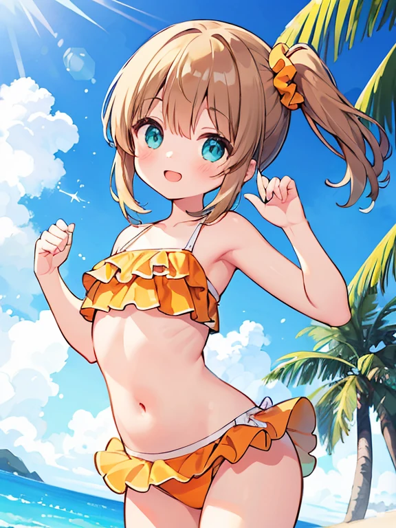 (masterpiece, highest quality), Beautiful illustrations, One girl, alone, Cute Face, Light brown hair, Side Ponytail, Orange Scrunchie, Beautiful Aqua Eyes, Outdoor, Beach, Particles of light, (Sunbeam, summer), Cowboy Shot, smile, blush, Orange Frill Bikini, (Dutch Angle, Jumping, Dynamic Angle, Palm Tree Shade), Splash