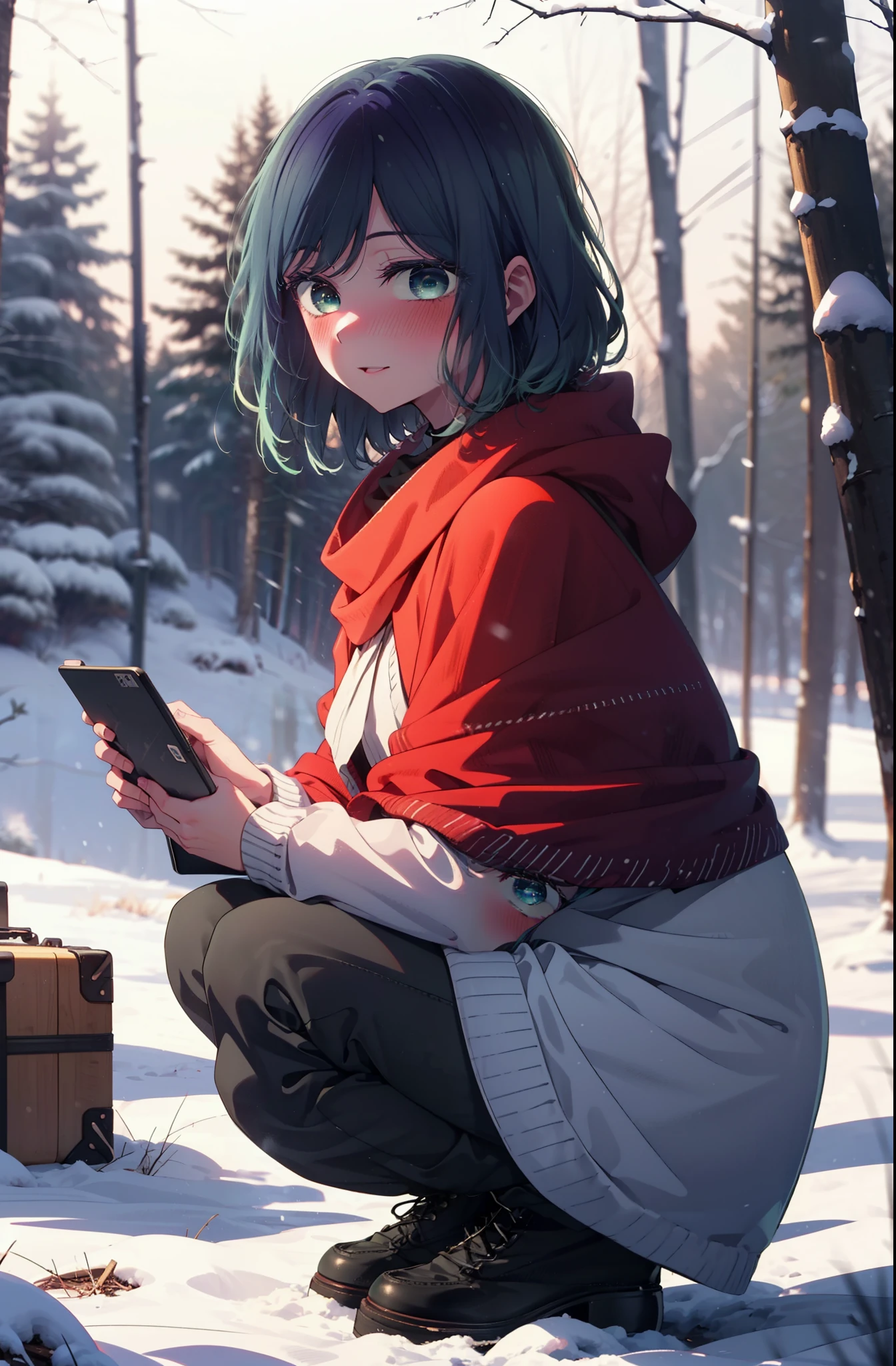 akanekurokawa, akane kurokawa, bangs, (Green Eyes:1.3), Blue Hair, Medium Hair, dark Blue Hair,smile,blush,White Breath,
Open your mouth,snow,Ground bonfire, Outdoor, boots, snowing, From the side, wood, suitcase, Cape, Blurred, , forest, White handbag, nature,  Squat, Mouth closed, Cape, winter, Written boundary depth, Black shoes, red Cape break looking at viewer, Upper Body, whole body, break Outdoor, forest, nature, break (masterpiece:1.2), highest quality, High resolution, unity 8k wallpaper, (shape:0.8), (Beautiful and beautiful eyes:1.6), Highly detailed face, Perfect lighting, Extremely detailed CG, (Perfect hands, Perfect Anatomy),