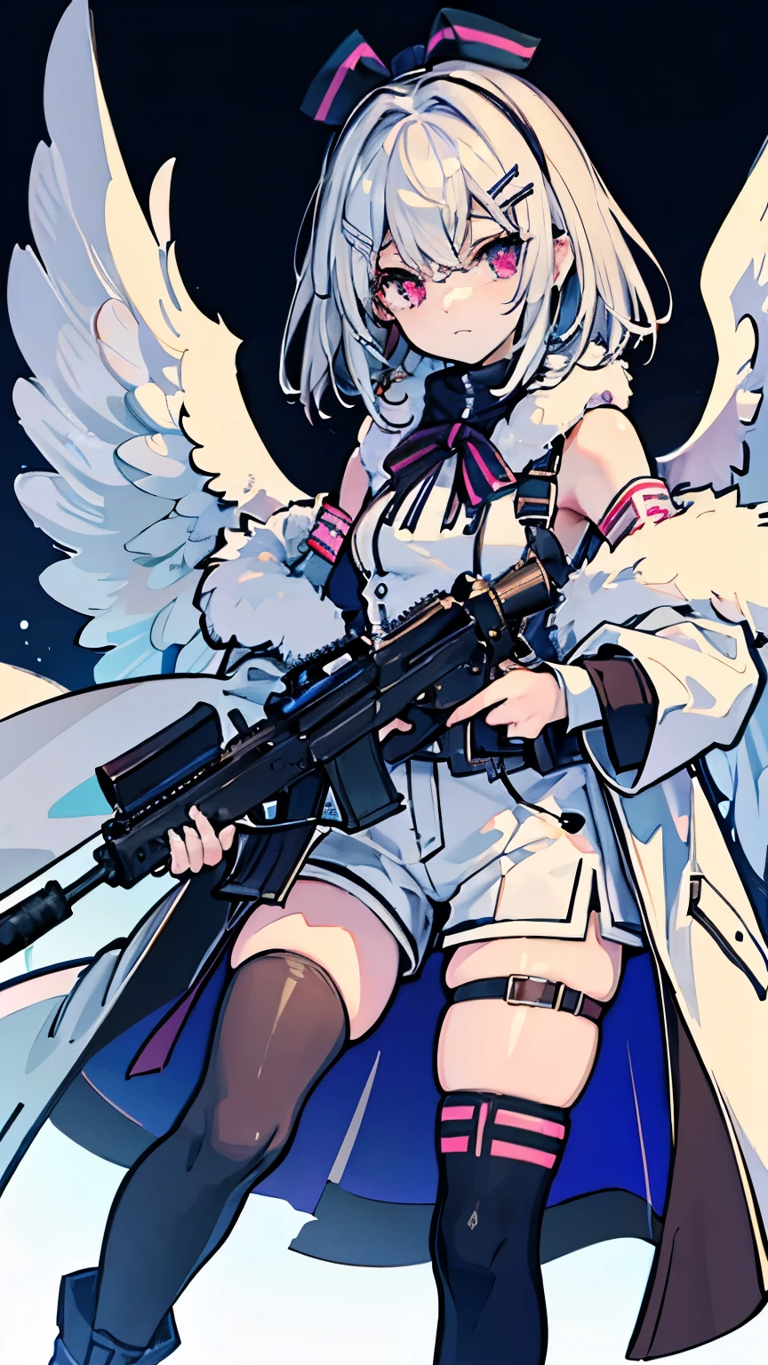 ((masterpiece, highest quality)), Detailed face, whole body, whiteのテーマ、Two angel wings from his waist、white色の背景, Standing in the Wilderness,Very detailed, One girl、Two small wings on the head,Medium hair,white_hair,Colored inner hair,Hair Clip,turtleneck,Fur coat,Overcoat,Fur-trimmed sleeves,Short shorts,Thigh straps,Ankle socks,Ankle boots,Food,elongated pupils,Silver Eyes,Detailed and sophisticated,Absurd,深さ of field,Legwear with ribbon trim,Has an assault rifle