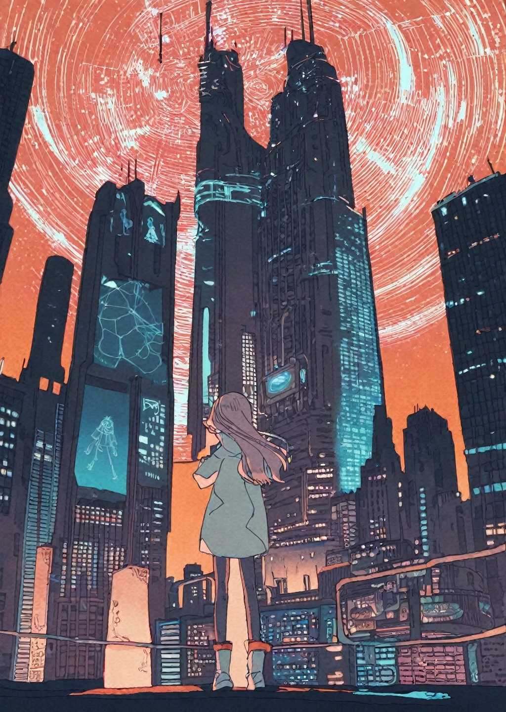 (Contributor: tsvbvra),
1girl The protagonist stands at the top of a towering skyscraper, A giant hologram of a girl is projected into the night sky of a futuristic city.. The city&#39;s neon lights and illuminated tunnels、Contrast that with realistic holographic images.。, Captivate your characters with these fascinating and endless possibilities, An AI-enhanced world