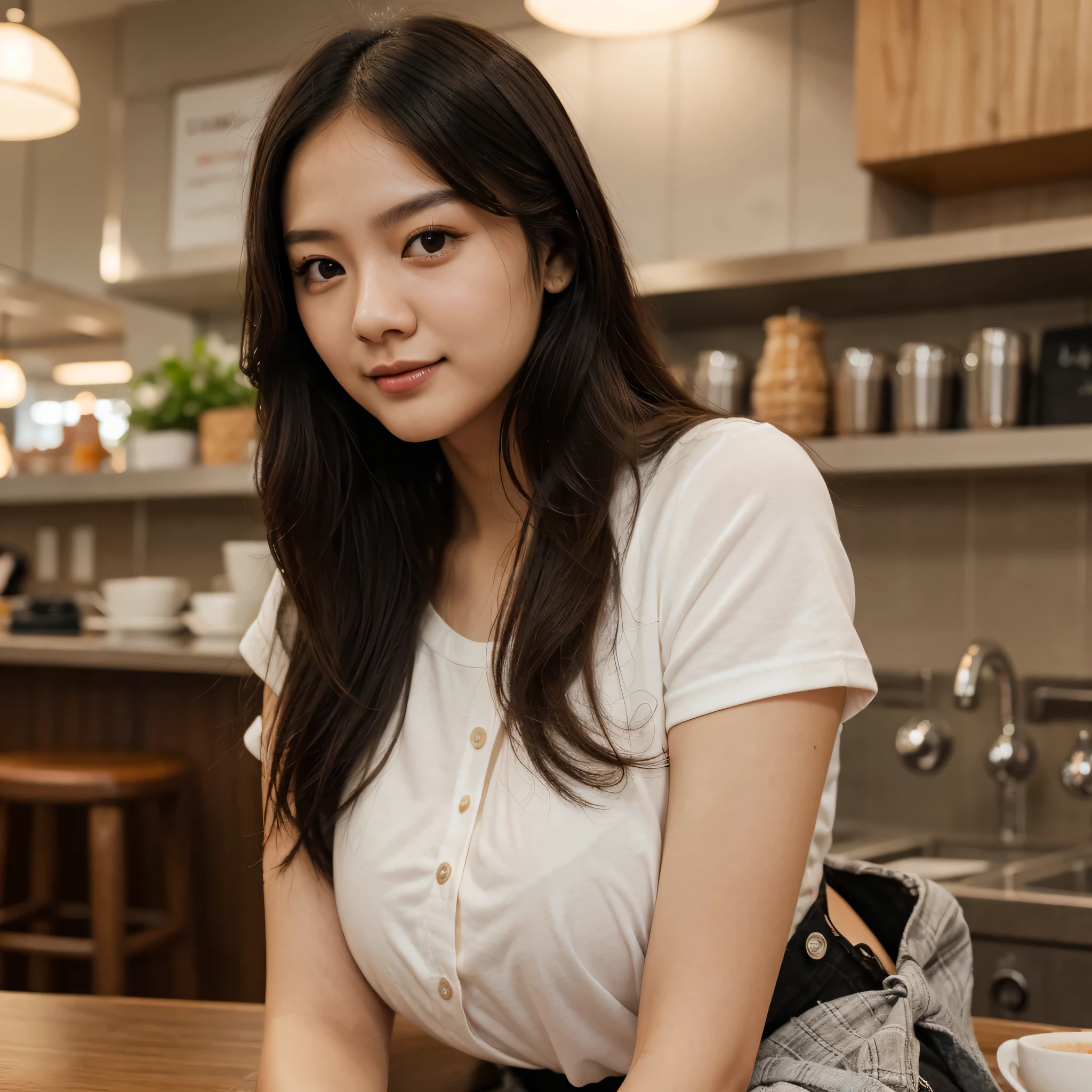 、Highest quality、high resolution、Taiwanese beauty, 23 years old, young headshot, looks cute, Cute pose, beautiful busty girl, Black long hair, Wear casual clothing, In the café
