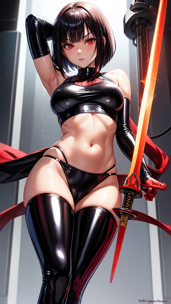solo girl,Glossy metalic light silver tank top, tight latex shiny, Red interpolation color,Black hair bob,red eyes, camel toe, Samurai Sword,
Lift one leg, sexy lady,