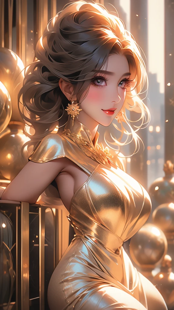 Very detailed, beautiful, highest quality, Professionally taken photos, Like a poster, detailed beautiful round eyes, beautiful detailed face, Whole Body Ezbian, Medium Long Hair, Casual Hairstyles, (Random color hair, Golden mesh), Big eyes, Random color eyes, Long eyelashes, Thick mascara, Dark eyeliner, (Huge breasts), (Bust about to burst:1.45), Wide selection, Thick waist), (Wide Hips:1.4, Toned thighs, Body Curves), 40 years old, woman, (White tight dress, white), Perfect Face, Perfect body, Sexy pose, (A shy smile), Random Location, nature, (alone), The light on my face,